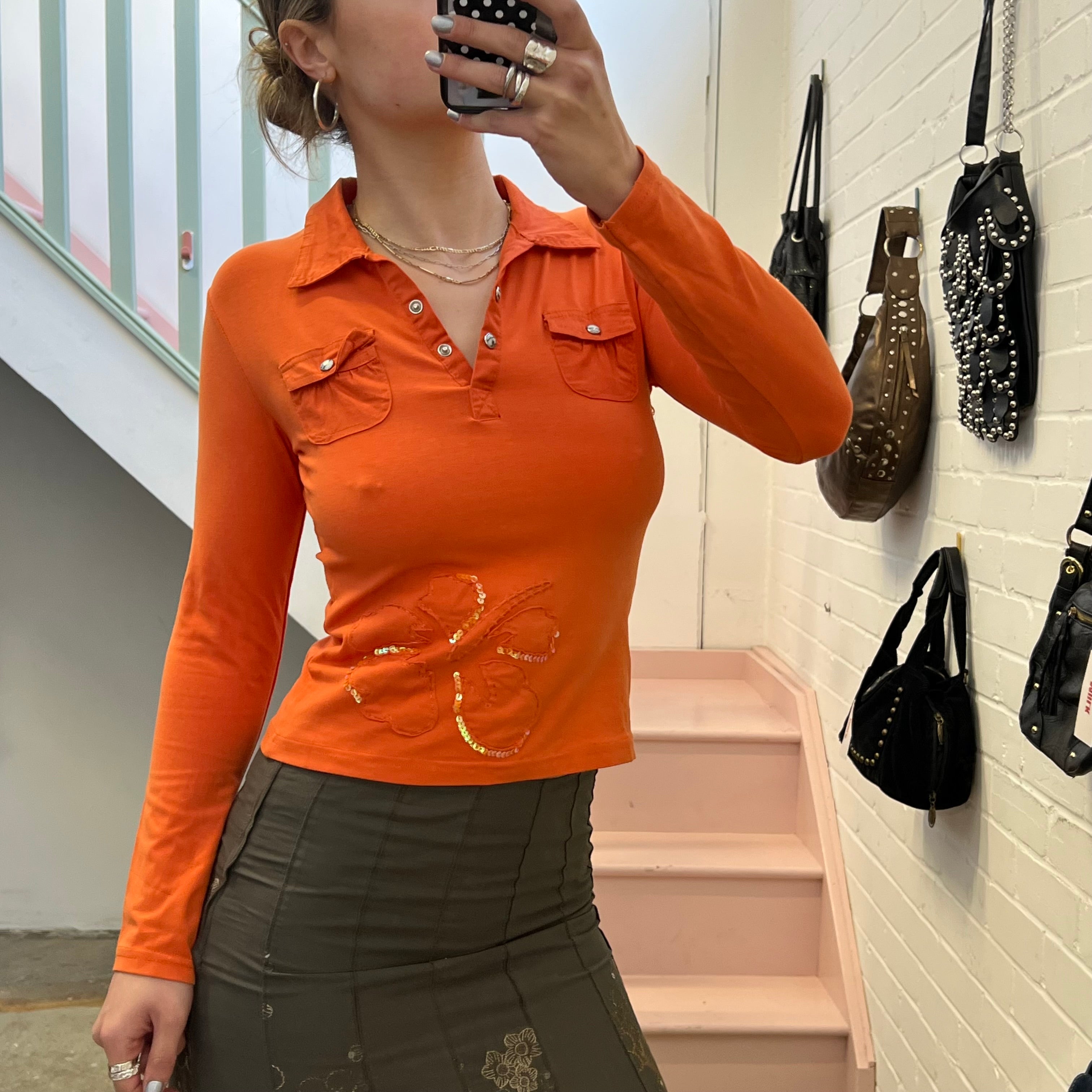Orange sequin vintage polo top