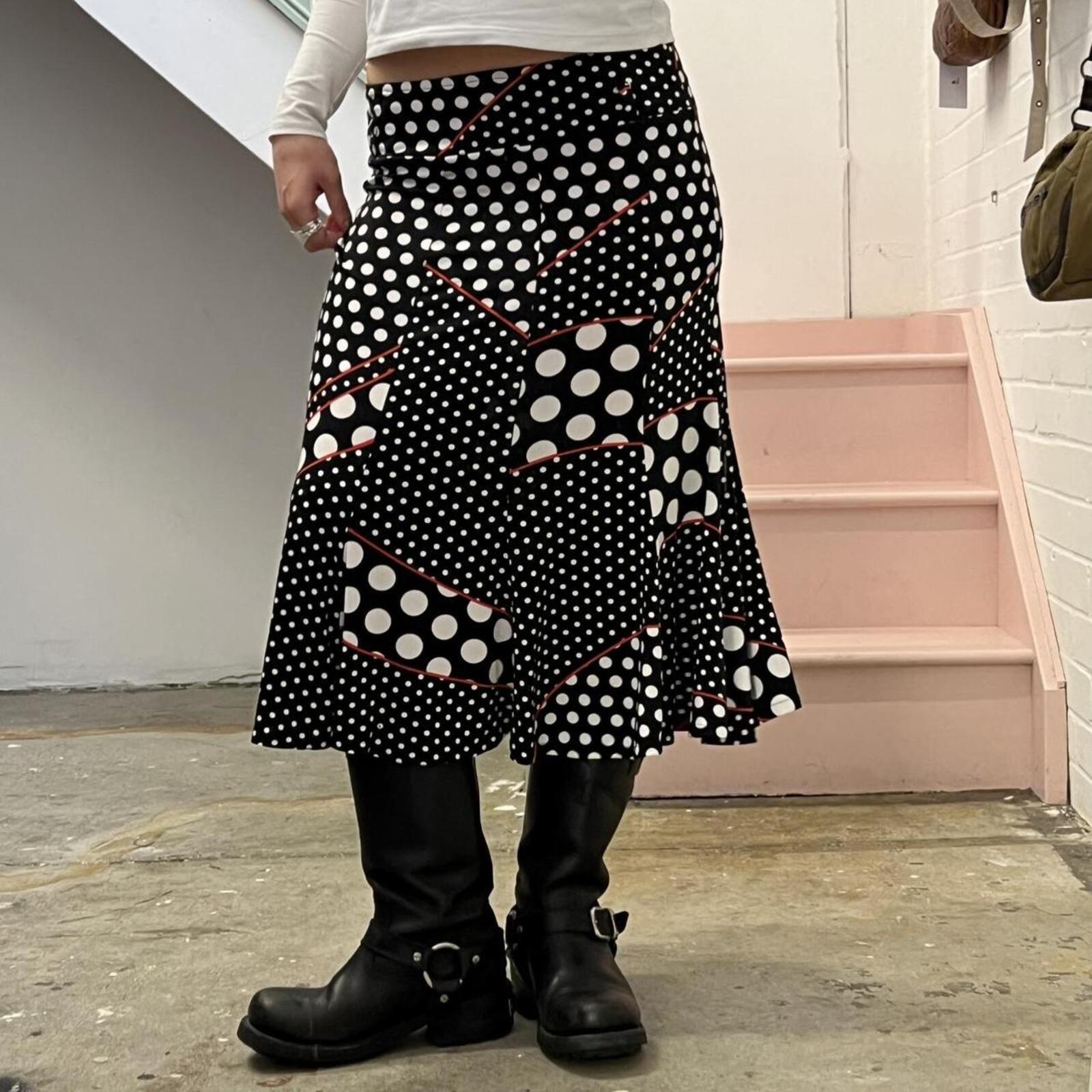 Black and white polka dot patchwork floaty vintage maxi skirt with red contrast stitching