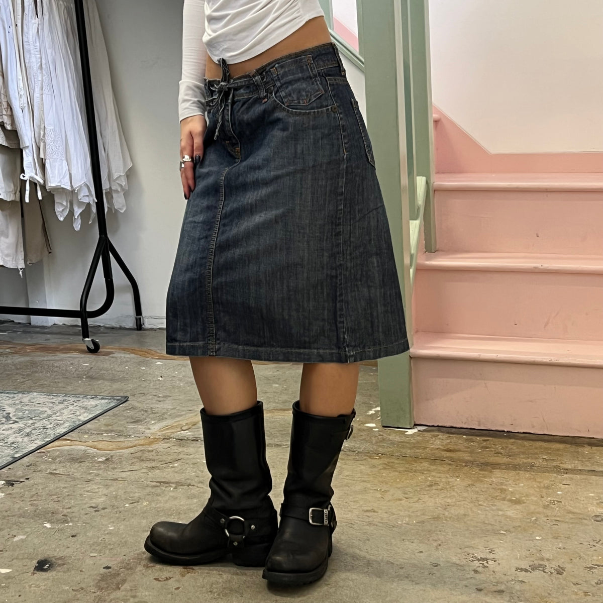 Dark wash denim tie waist midi skirt
