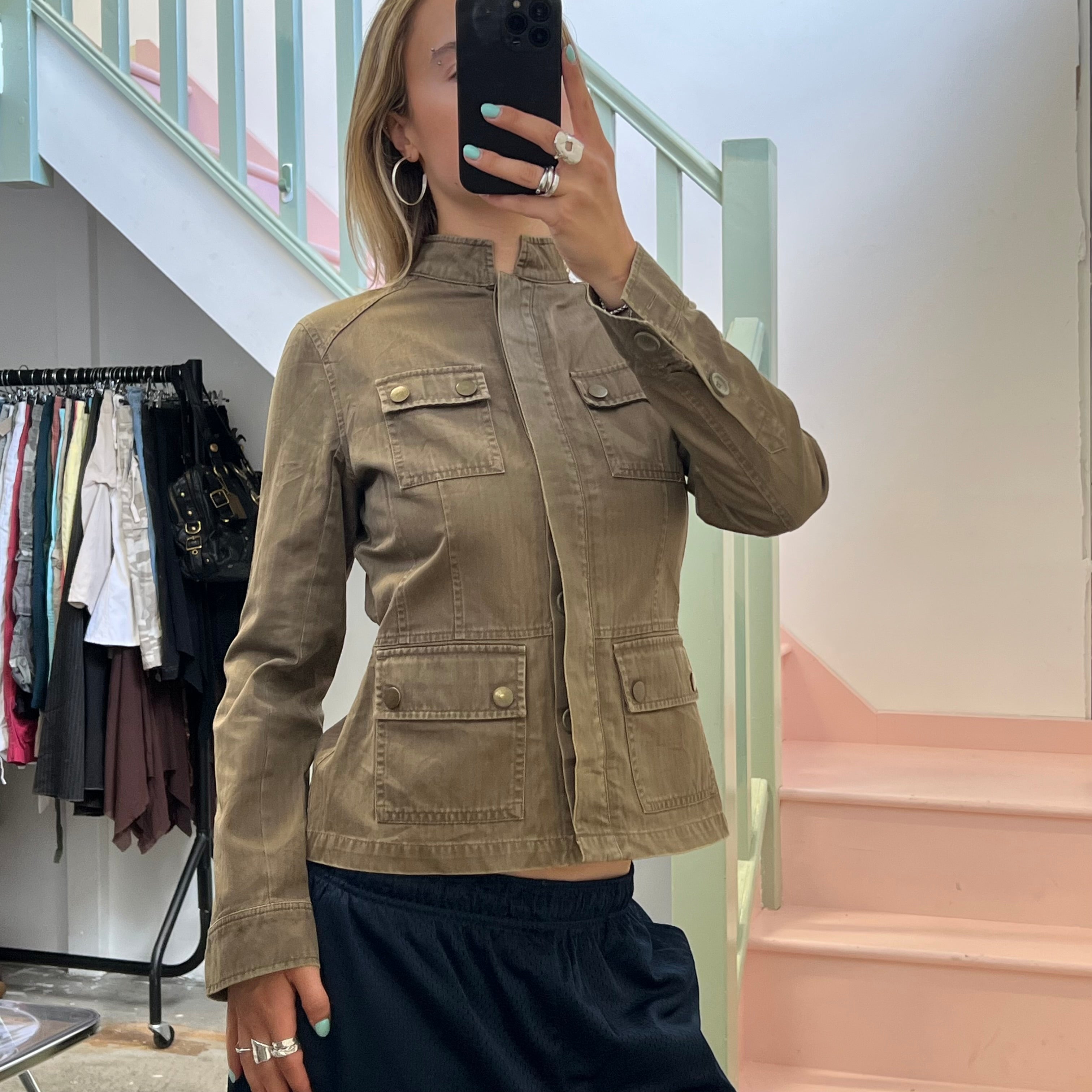 Oasis khaki button up fitted utility style jacket