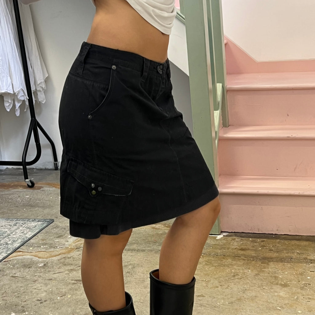 Black layered cargo knee length skirt