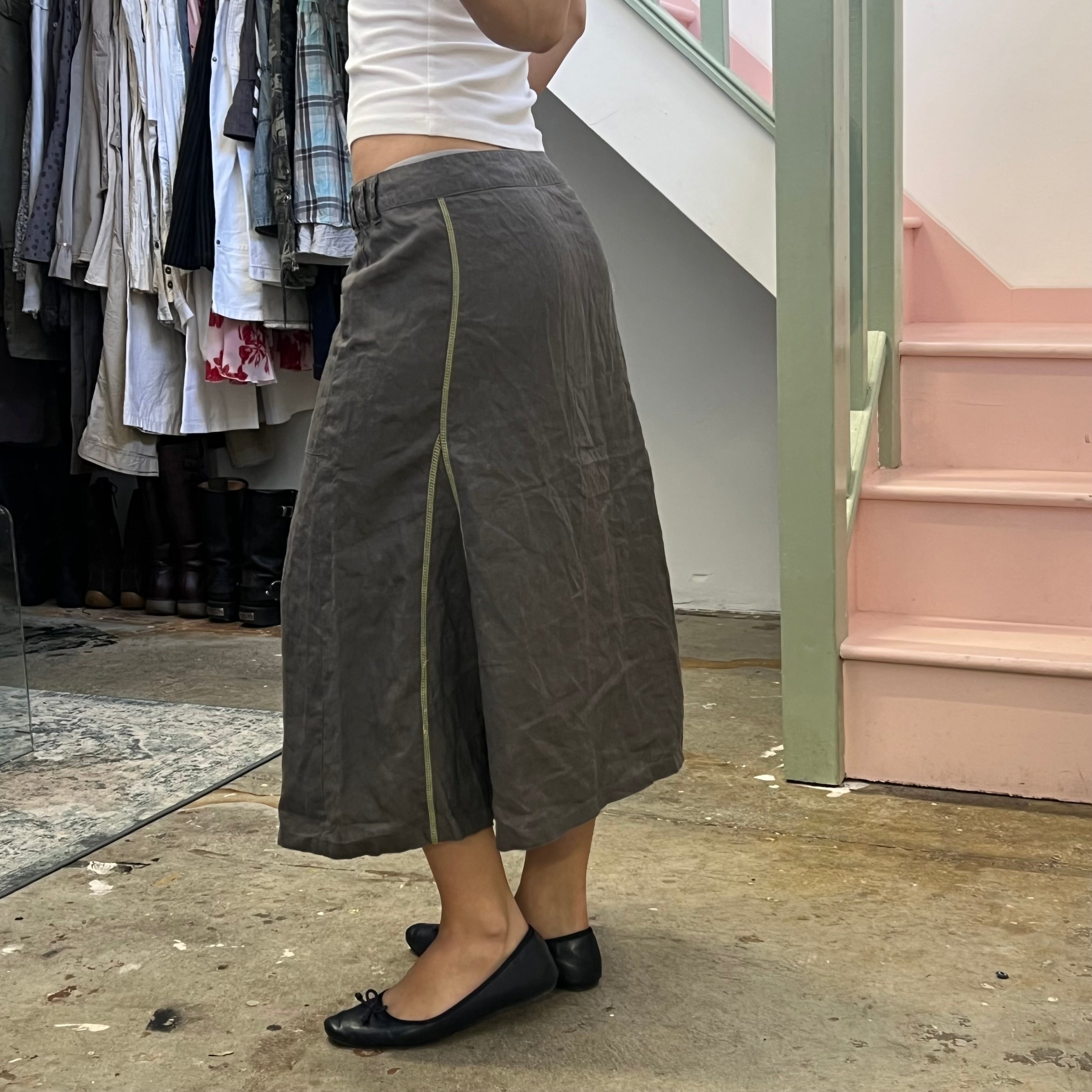 Grey linen utility maxi skirt with green contrast stitching