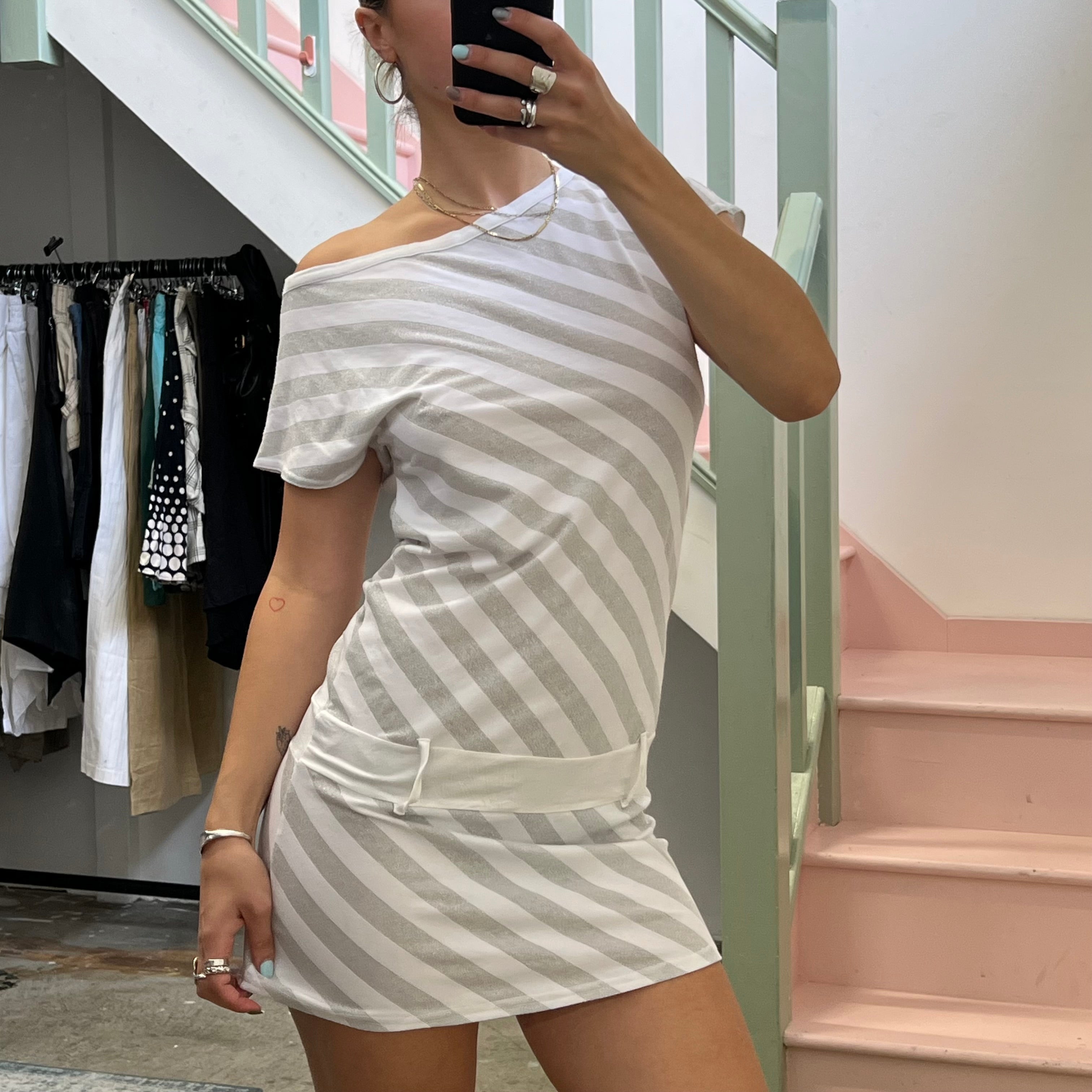 White and silver striped drop waist slouchy mini dress