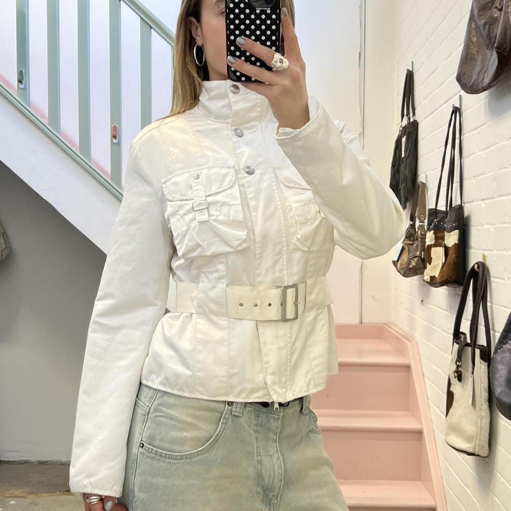 Benetton white zip up belted utility biker jacket