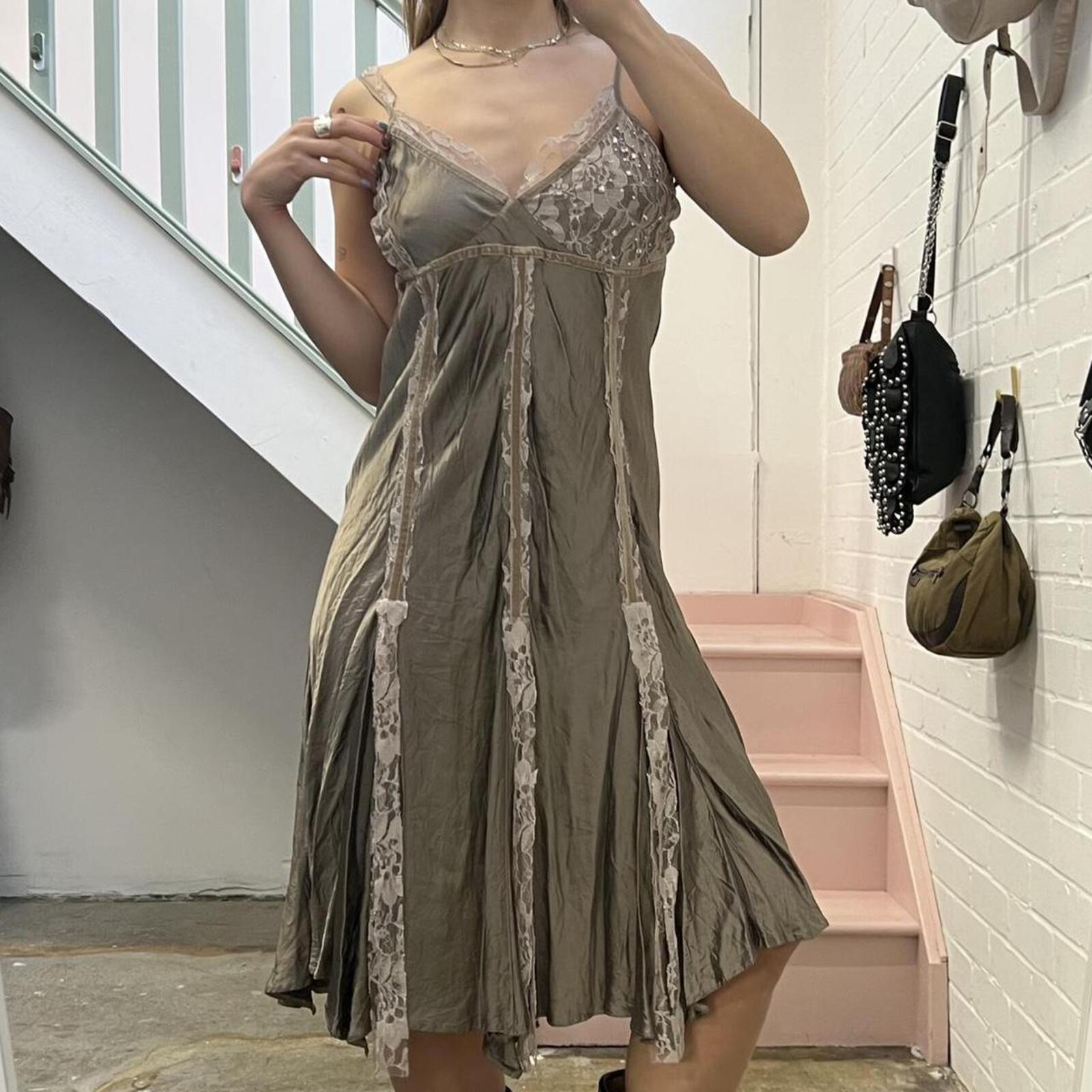 Grey satin floaty flared strappy midi slip dress with lace panels