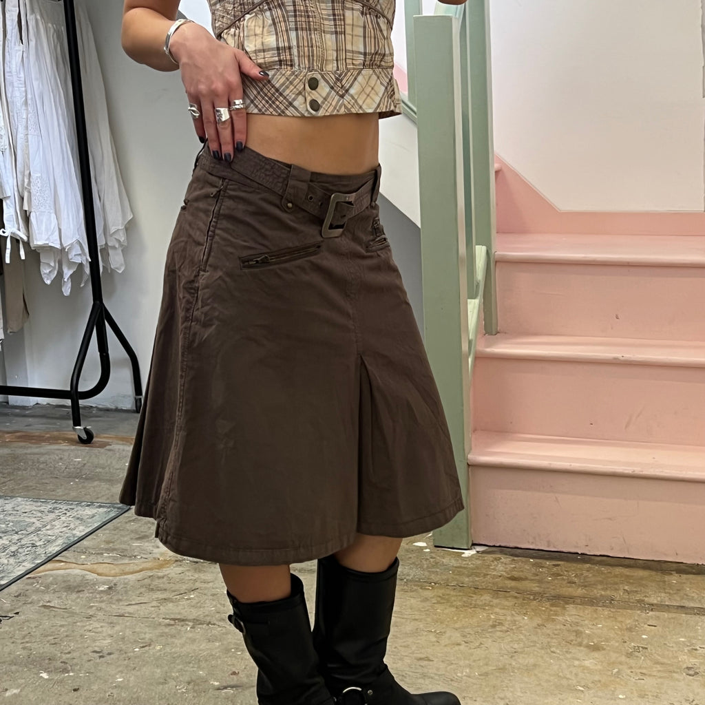 Brown belted cargo midi skirt