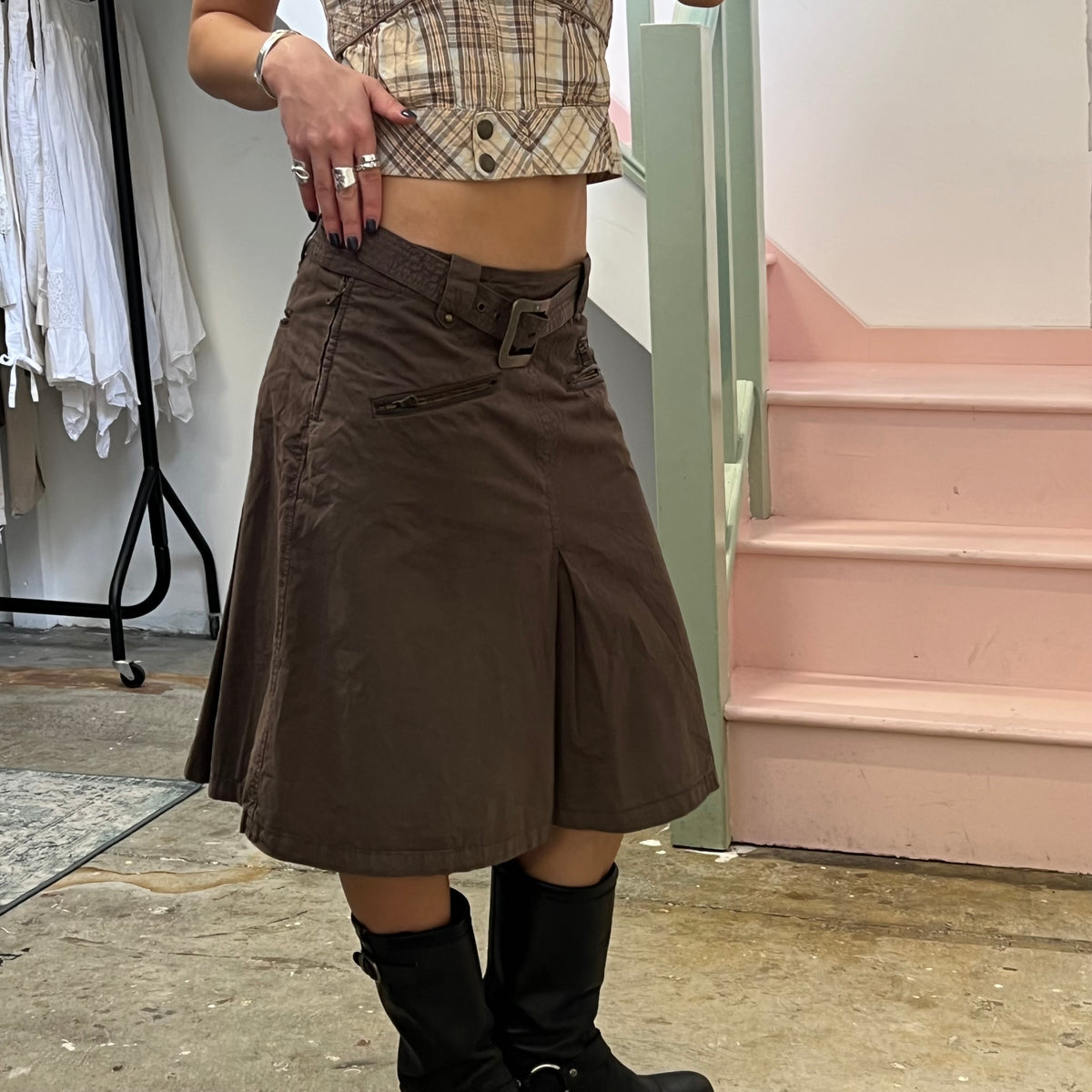 Brown belted cargo midi skirt