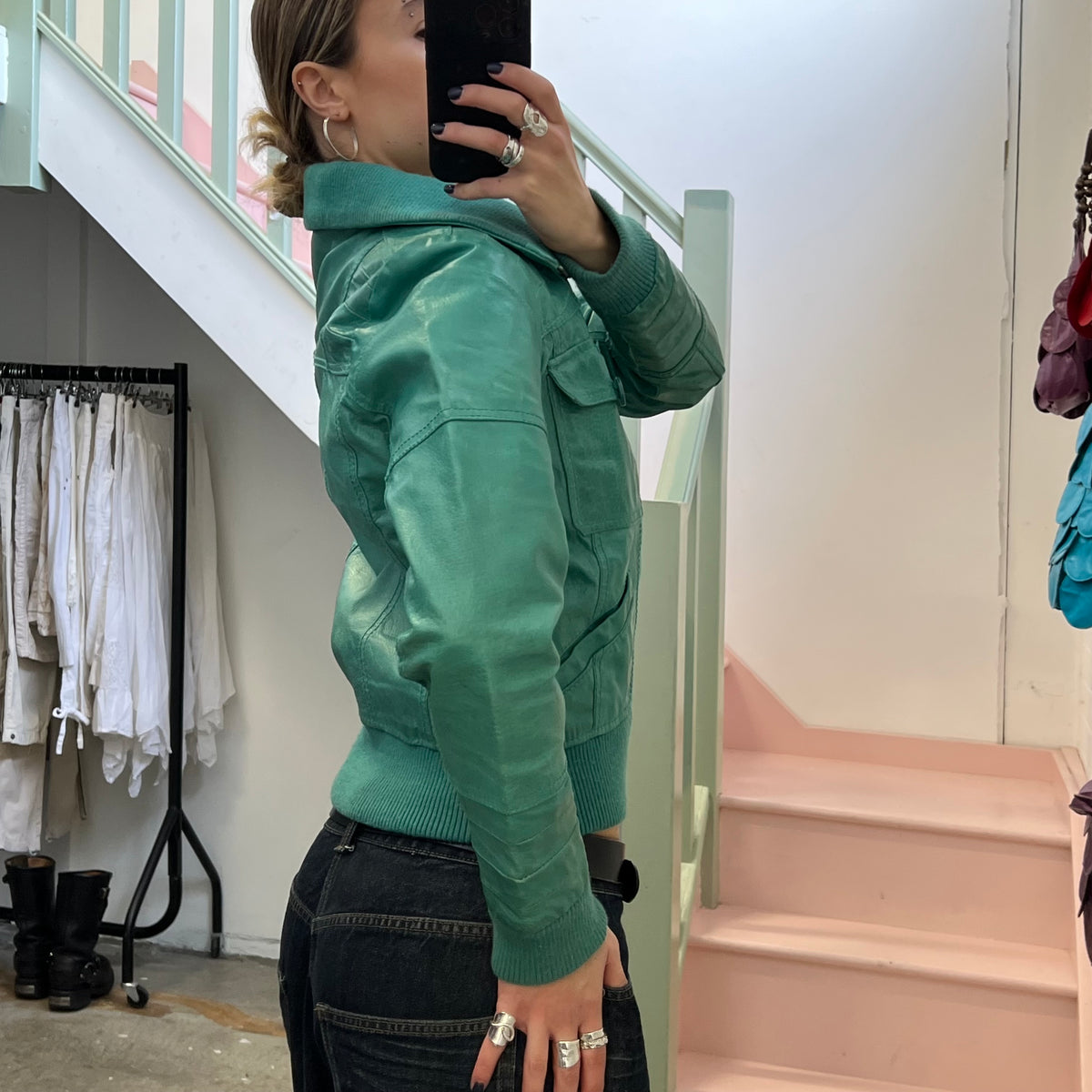 ONLY green leather bomber jacket