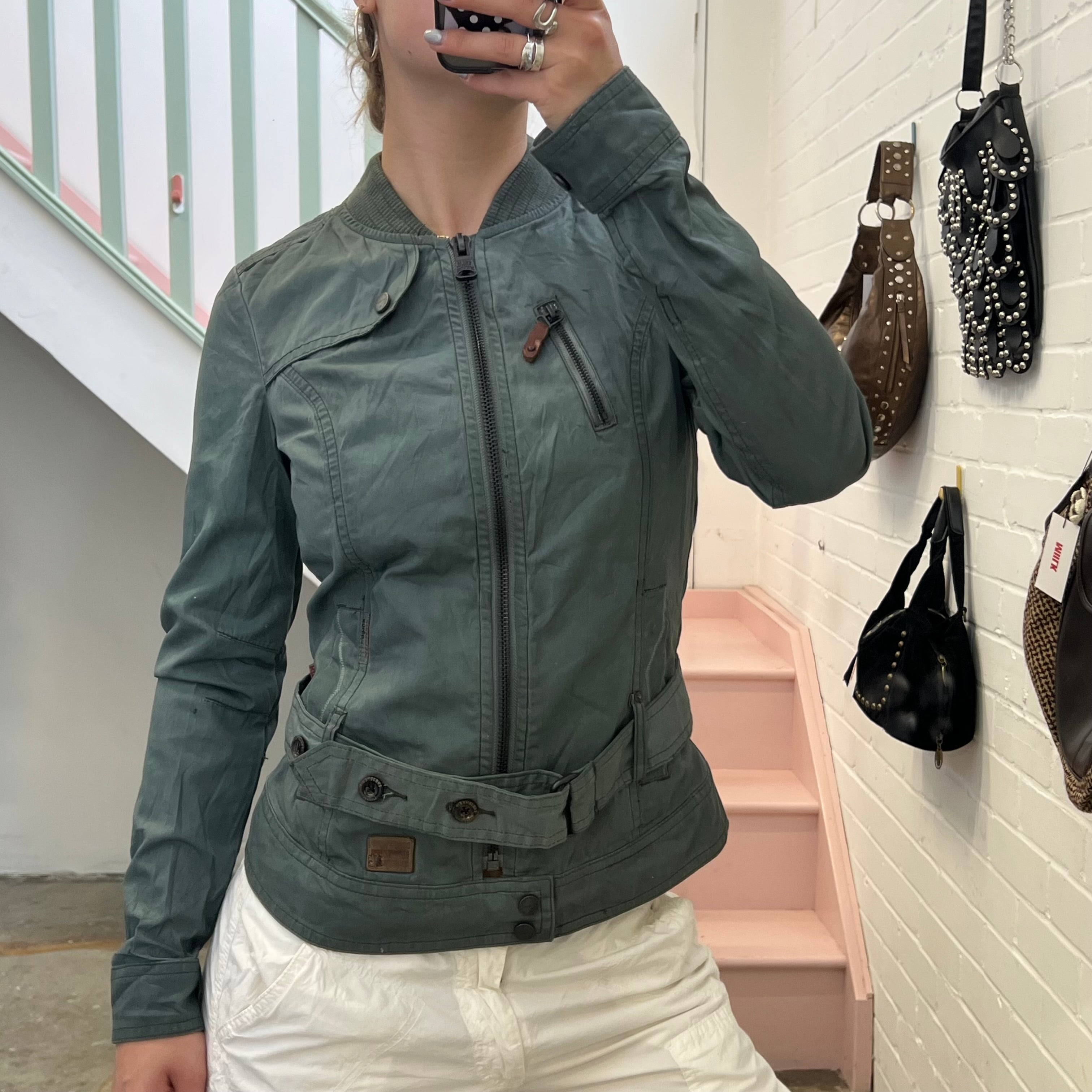 Teal dark green zip up fitted utility style jacket