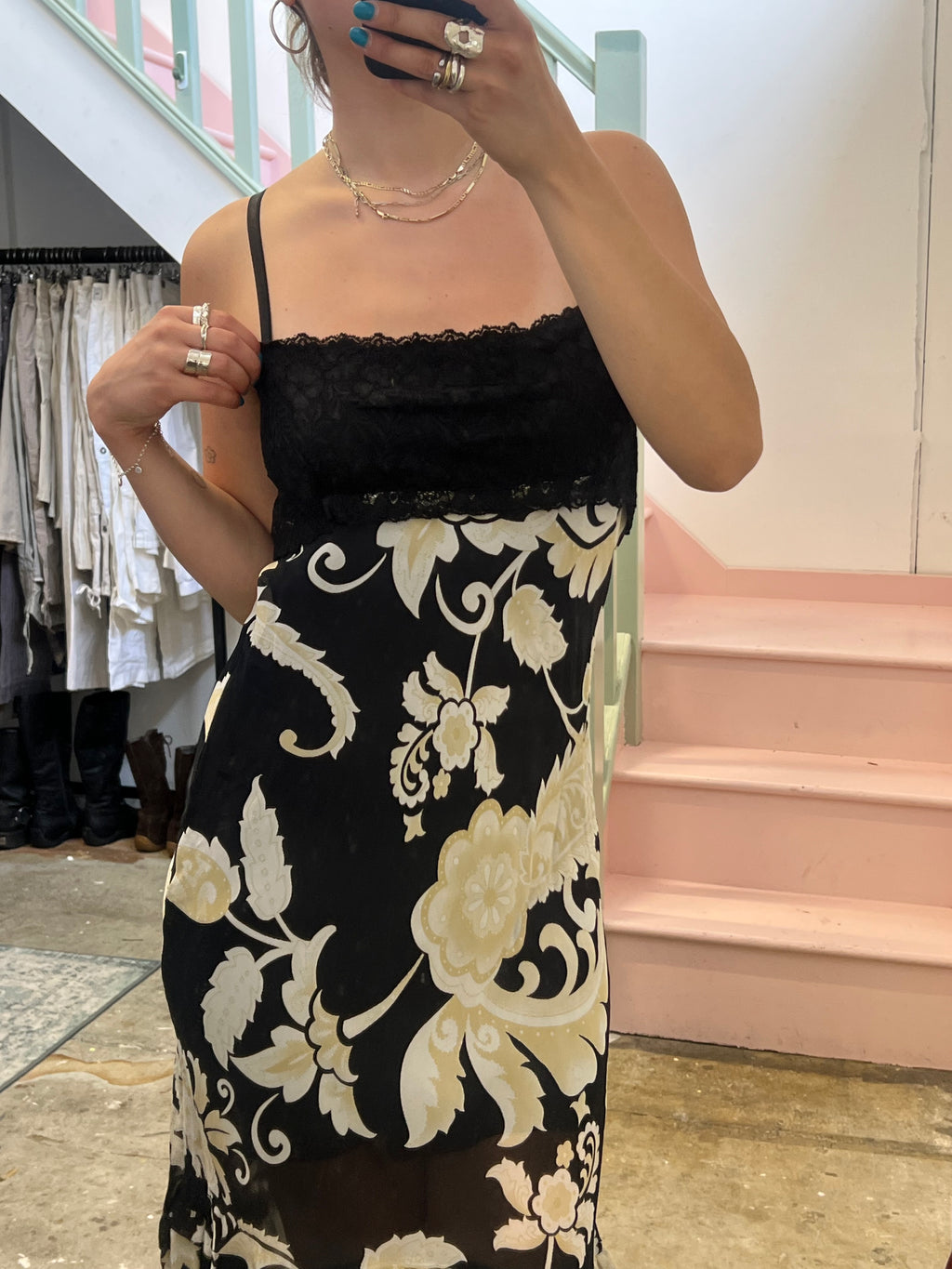 Black and cream paisley print lace trim slip dress