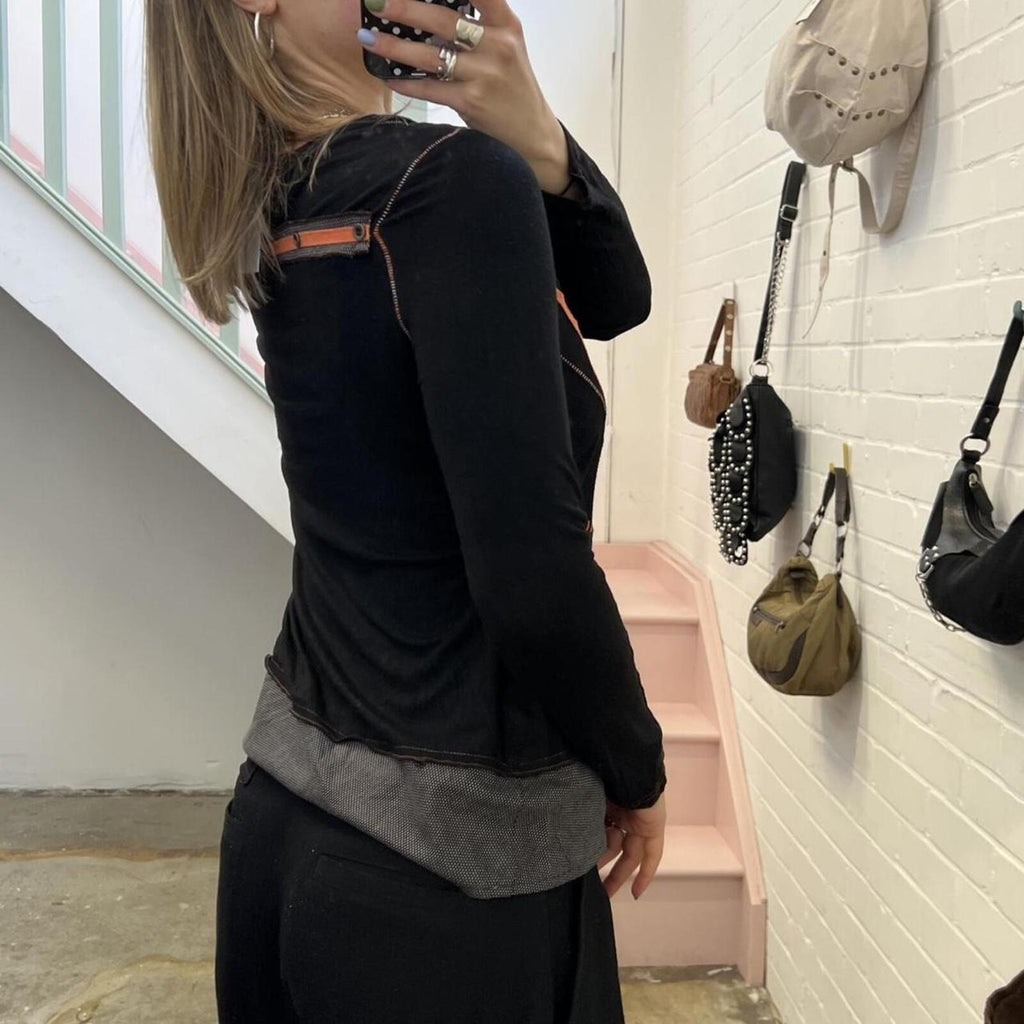 black and orange utility style long sleeve vintage top with contrast stitching