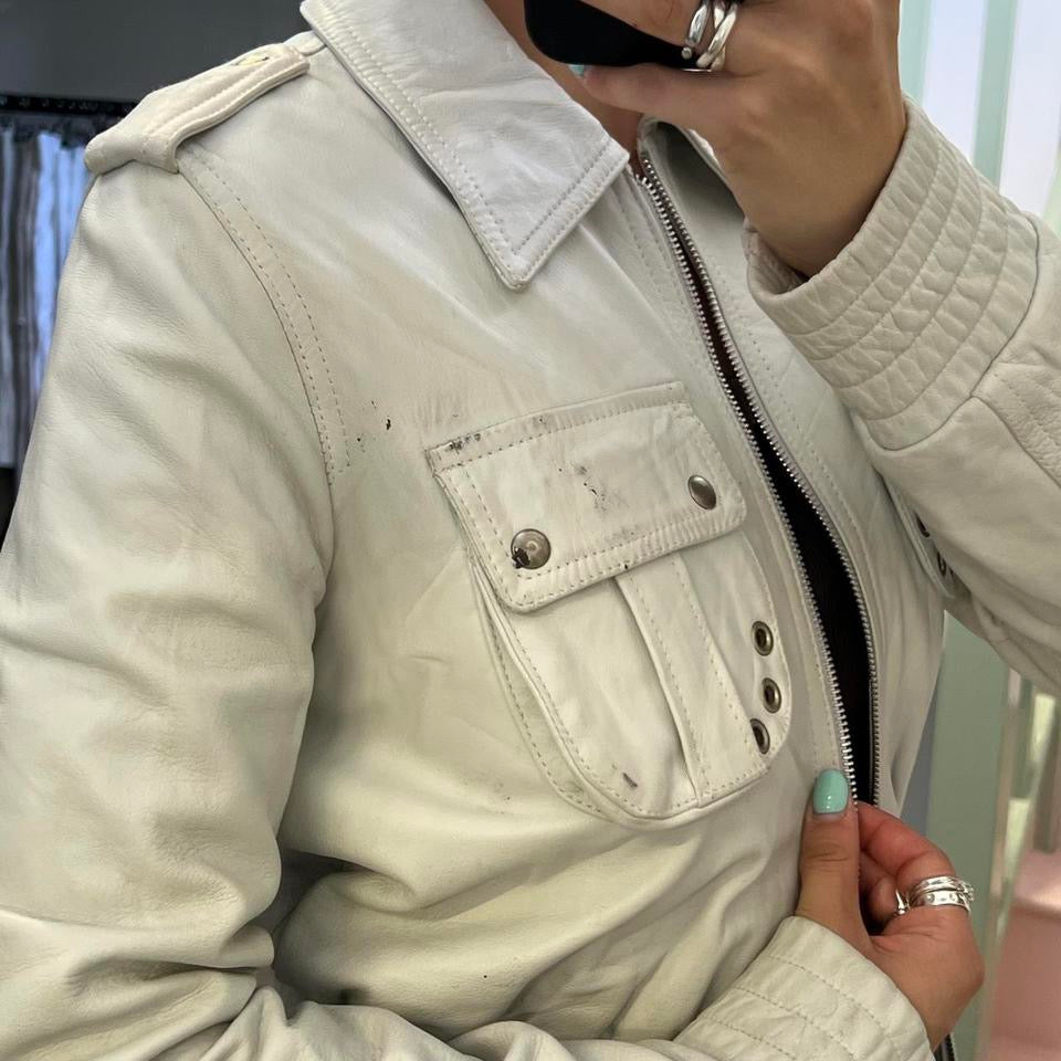 White leather bomber jacket with fitted waist