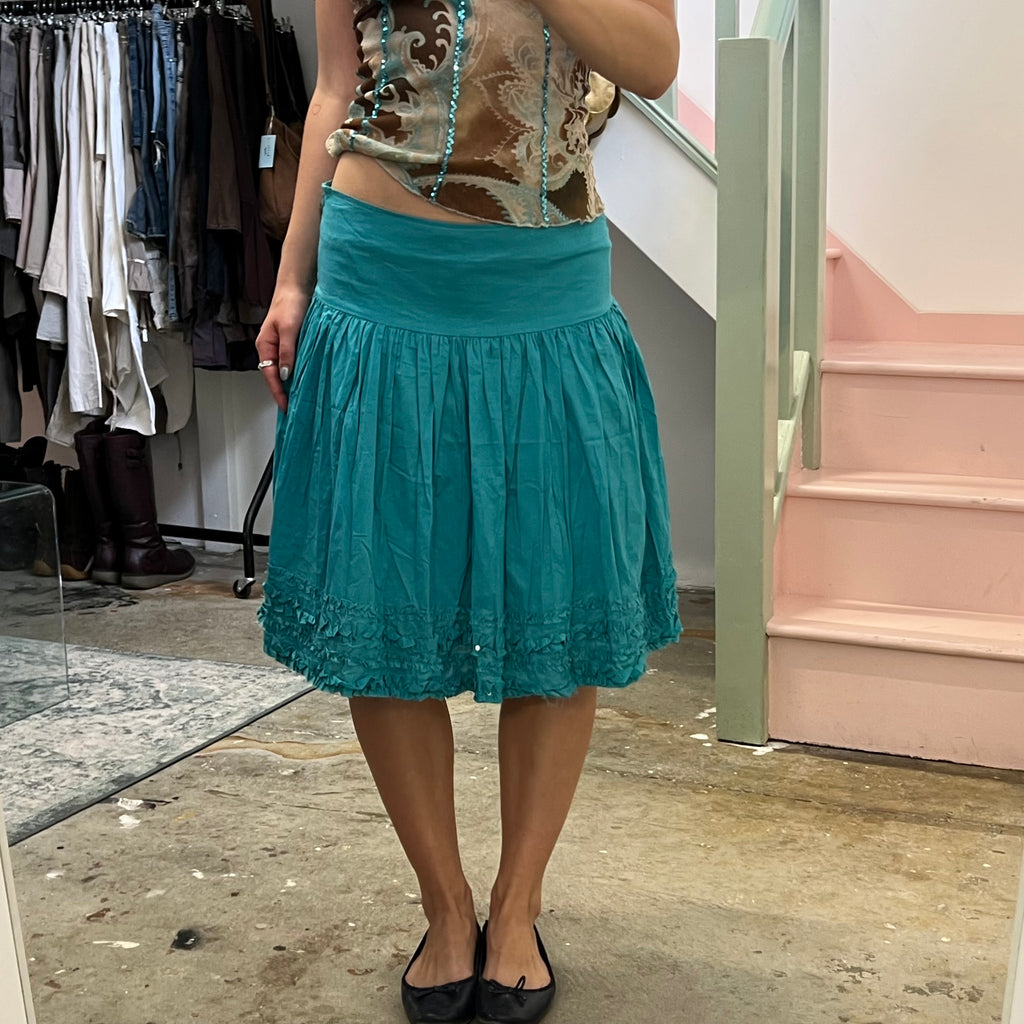 Teal turquoise pleated drop waist midi skirt