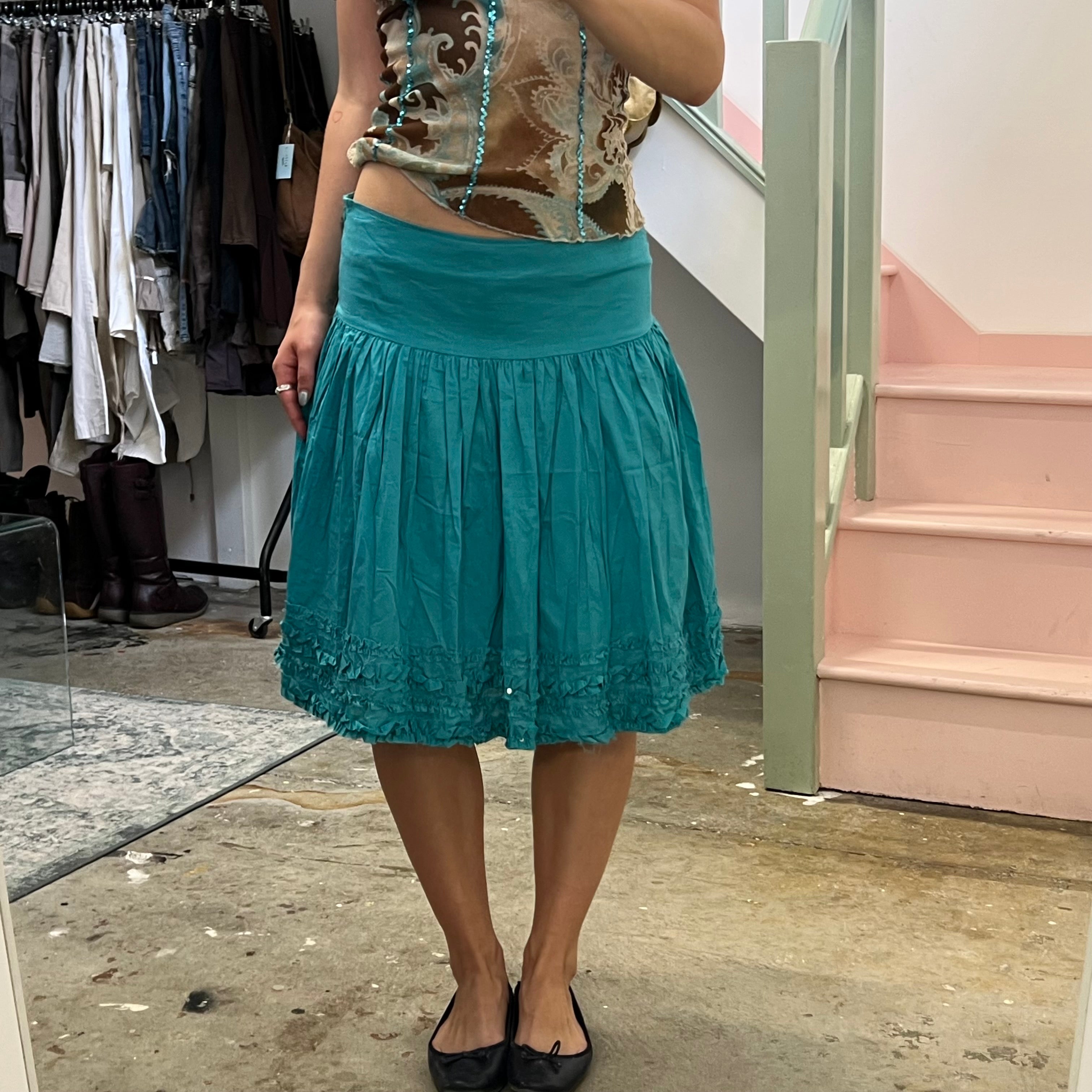 Teal turquoise pleated drop waist midi skirt