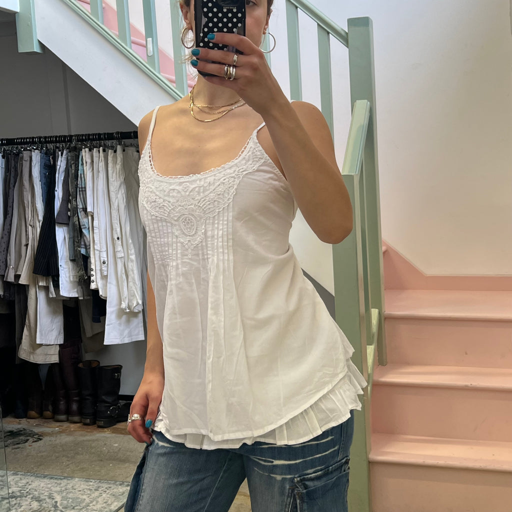 White cotton floaty tie back vest