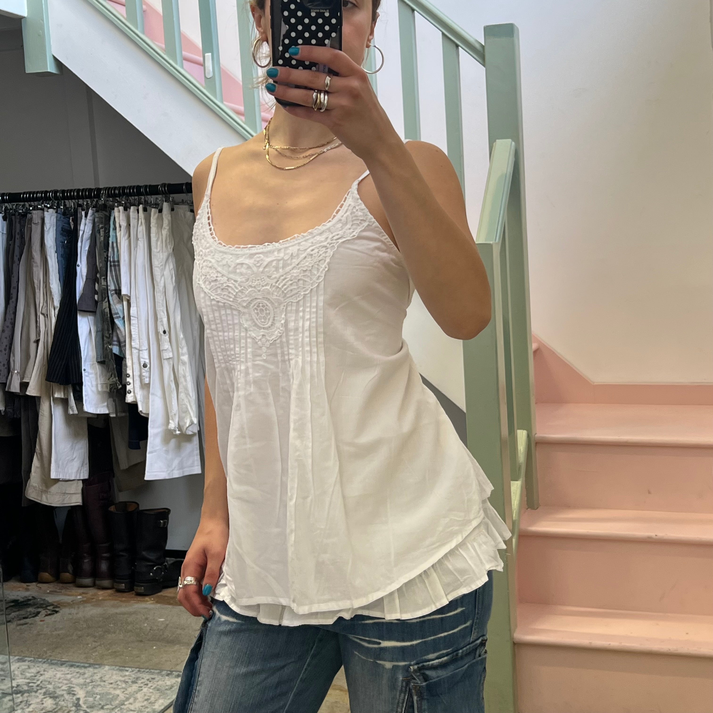 White cotton floaty tie back vest