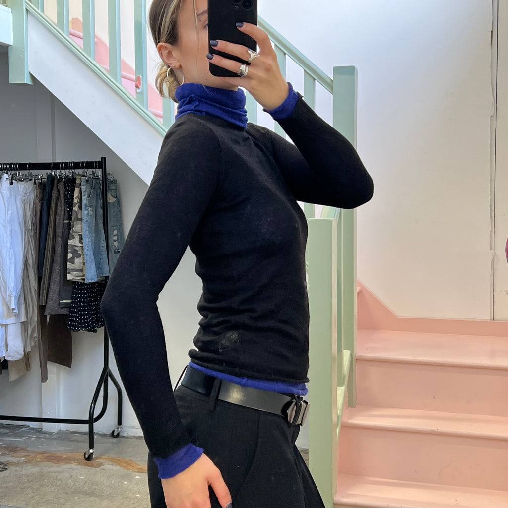 Black and blue layered roll neck knit