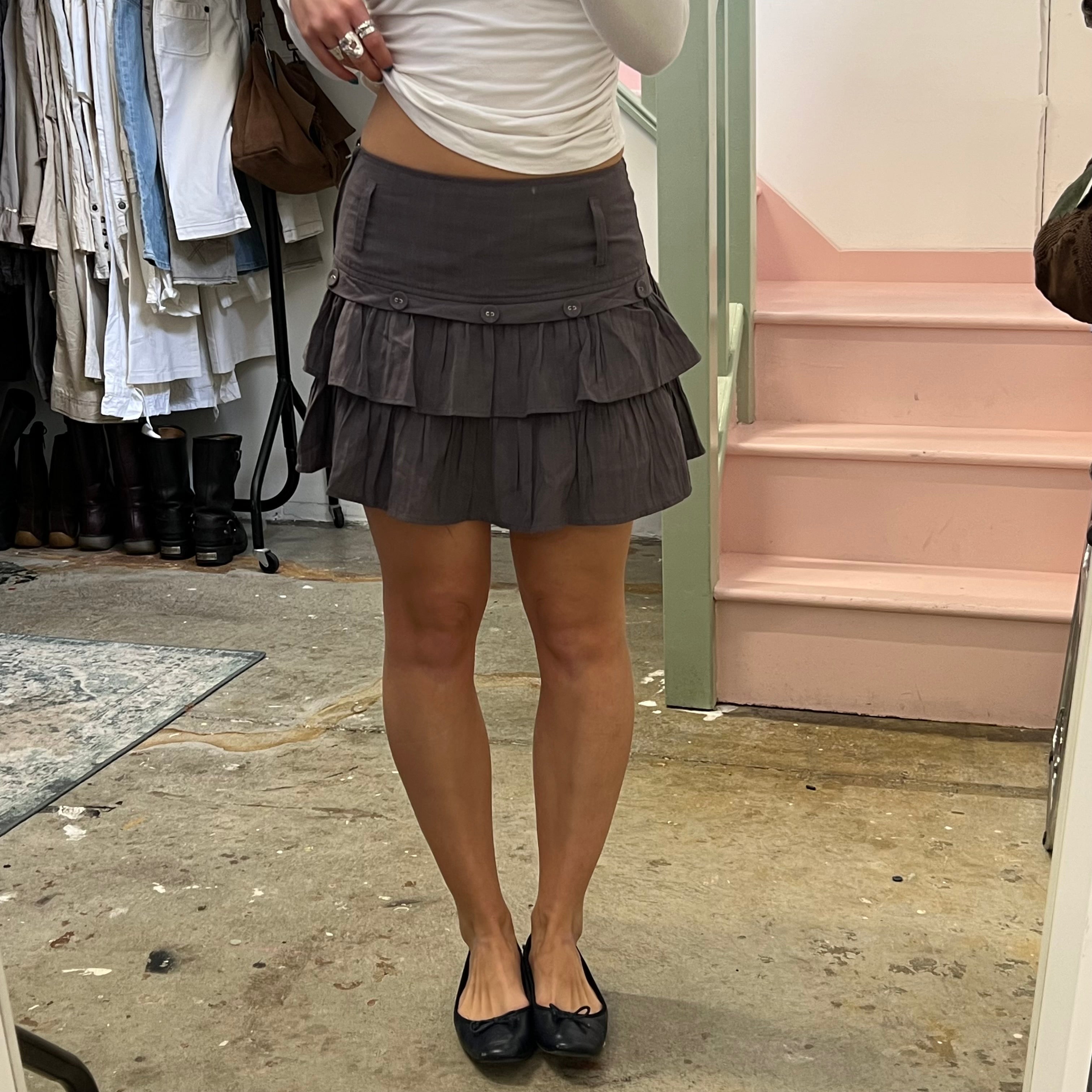 Grey layered ruffle mini skirt with buttons