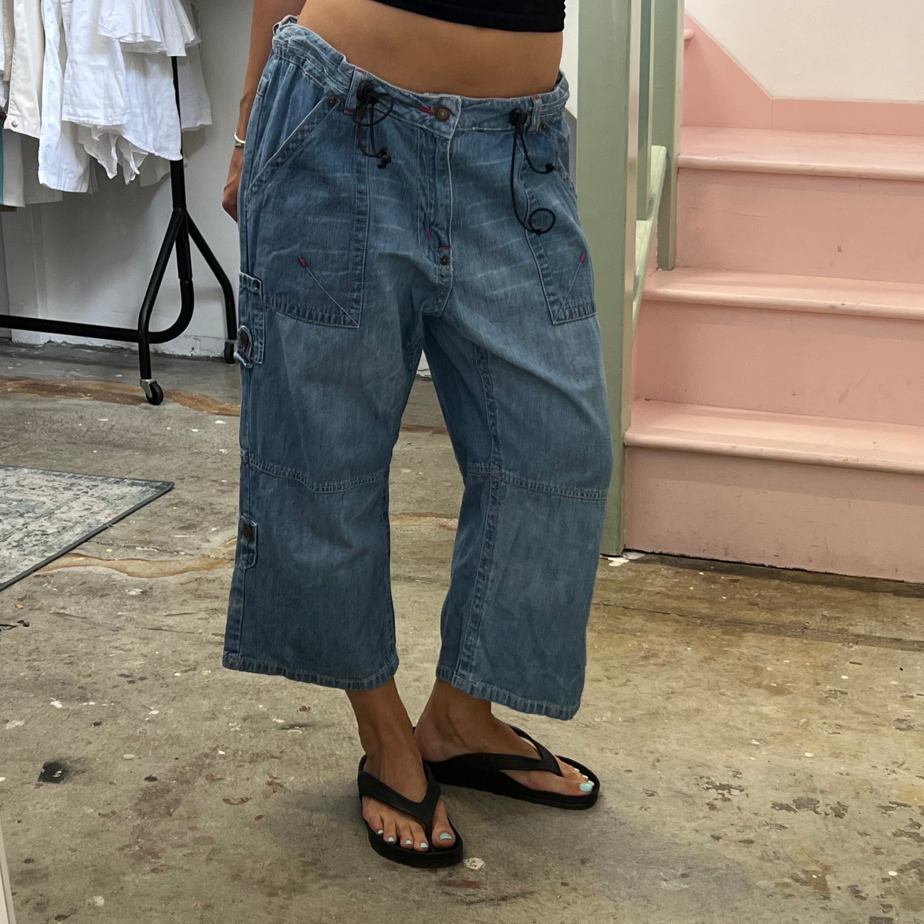 Blue wide leg baggy denim cargo capris