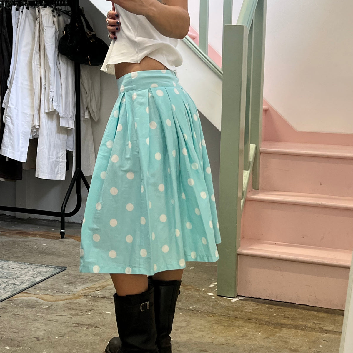 Teal and white polka dot pleated midi skirt