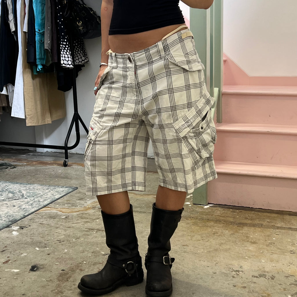 White and grey checkered baggy cargo shorts