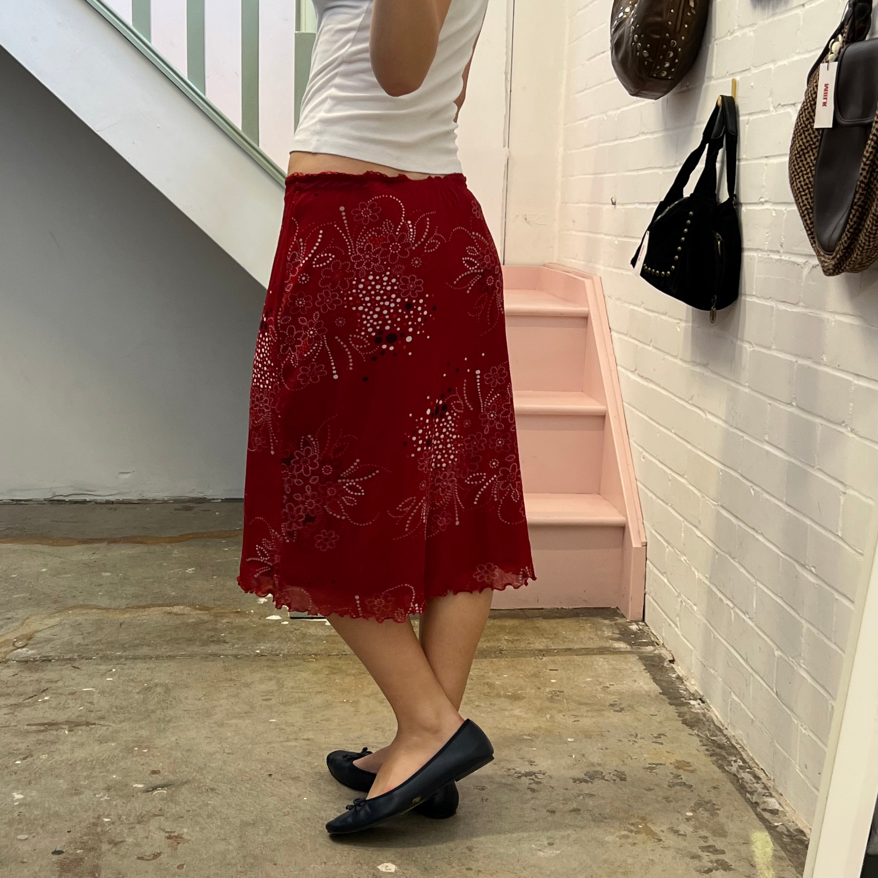 Red floral mesh midi skirt