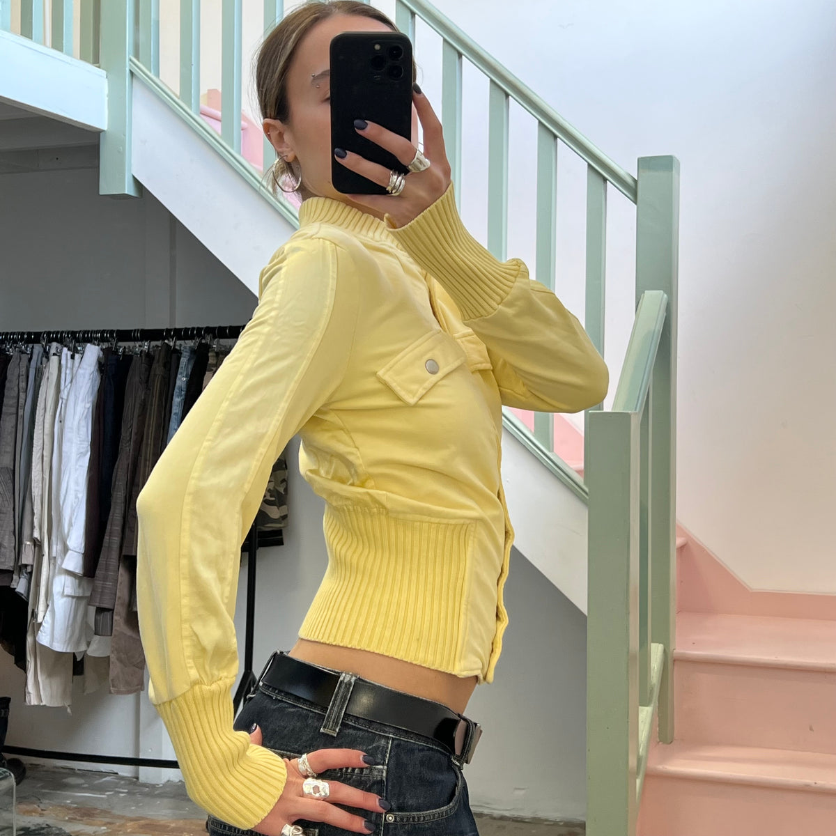 Yellow fitted button up bomber jacket