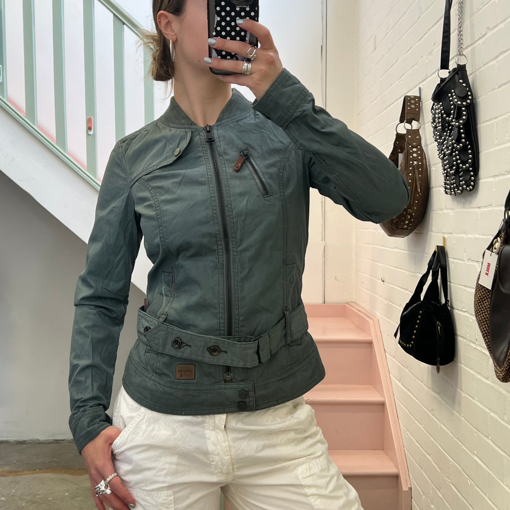 Teal dark green zip up fitted utility style jacket
