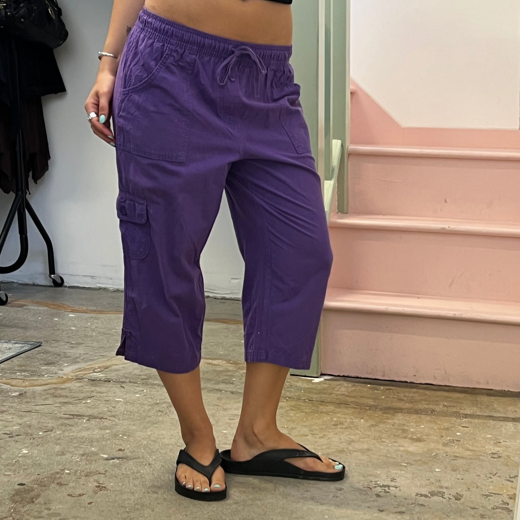 Purple cotton tie waist capris