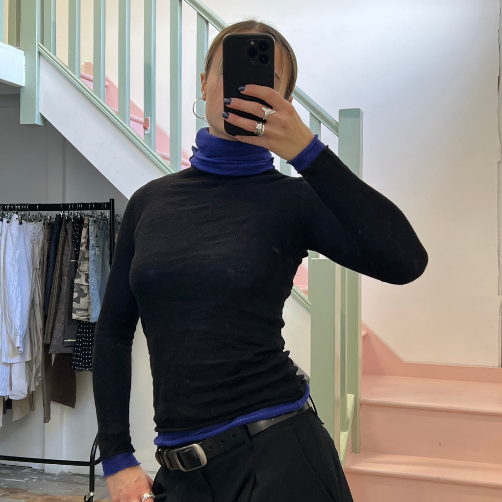 Black and blue layered roll neck knit