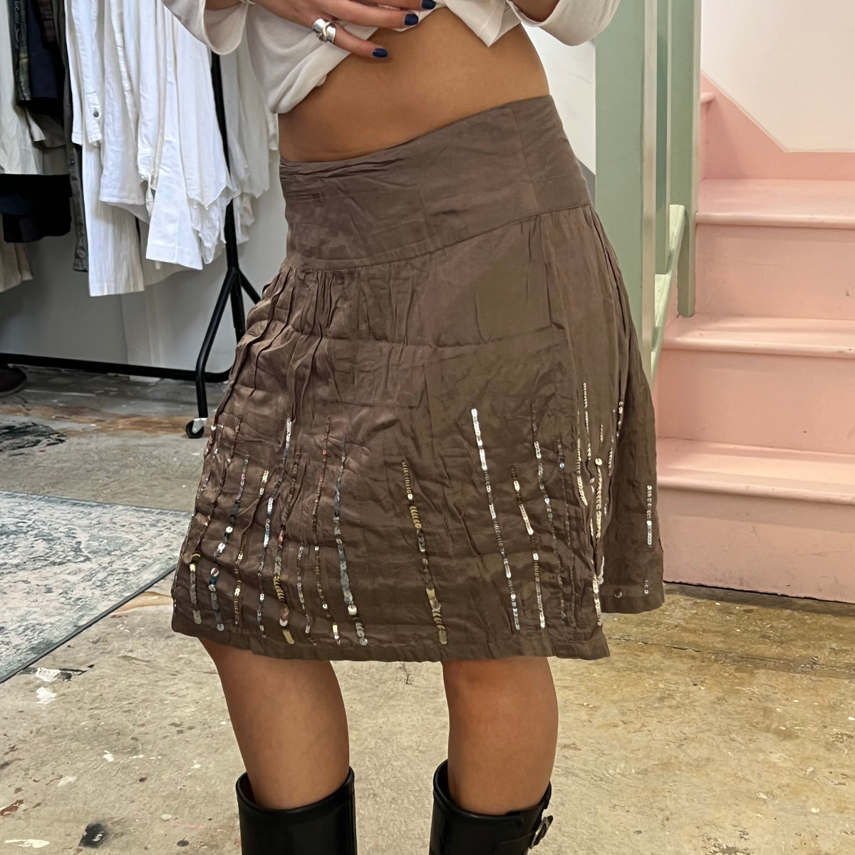 Motivi brown sequin midi skirt
