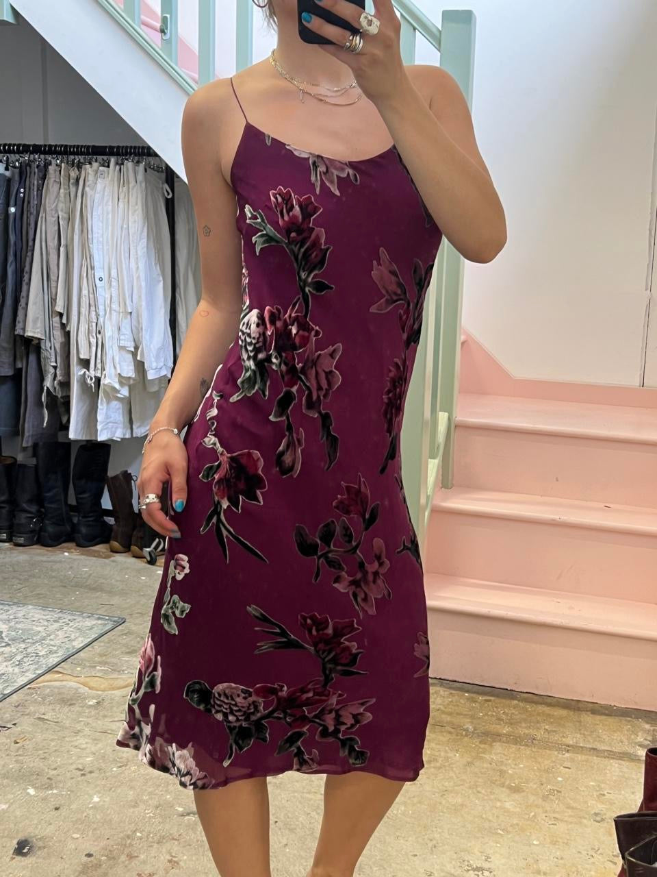 East purple floral silk slip dress