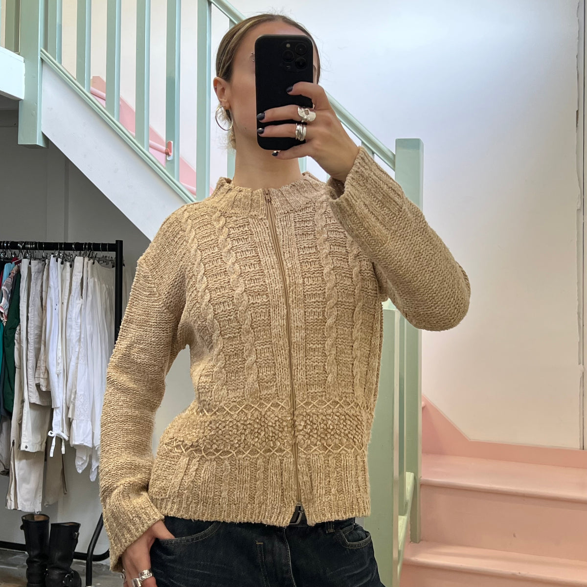 Cream chunky knit zip up cardigan