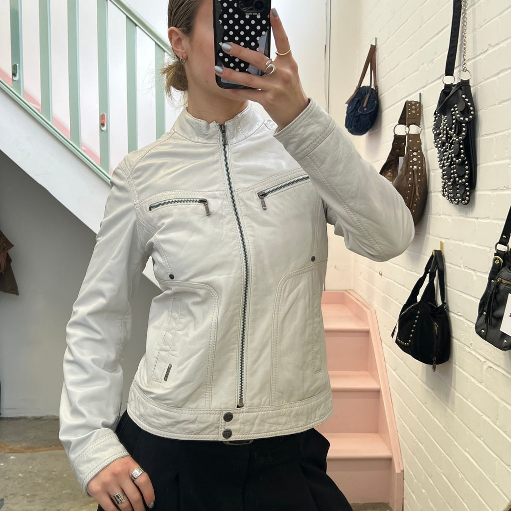 White zip up leather biker jacket
