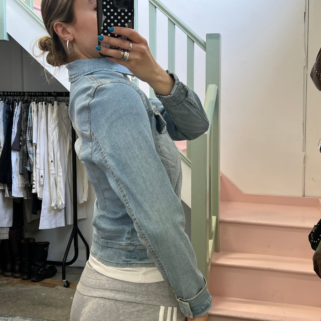 Light blue denim zip up fitted jacket