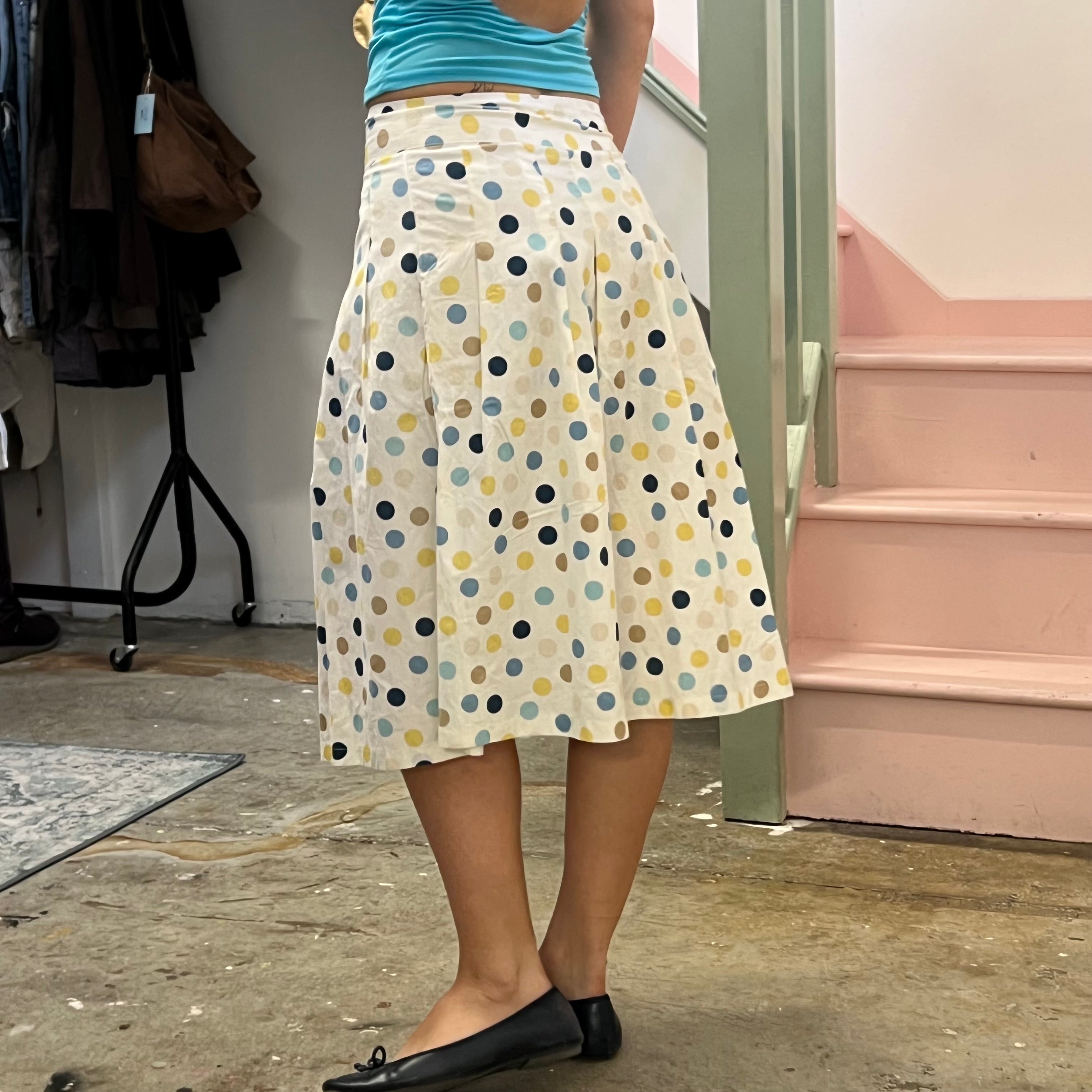 Blue and yellow polka dot pleated midi skirt