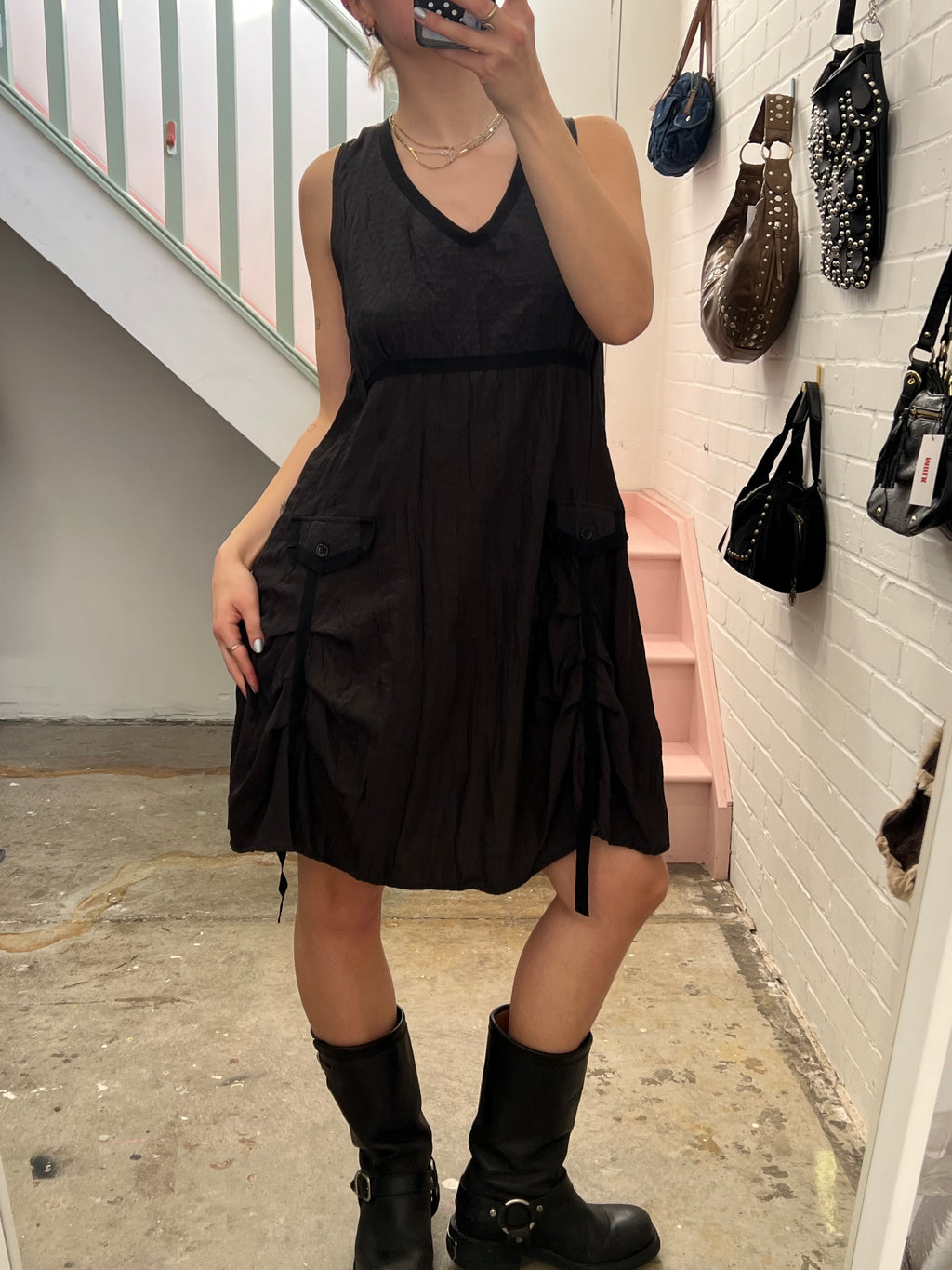 Grey brown crinkle floaty utility midi dress