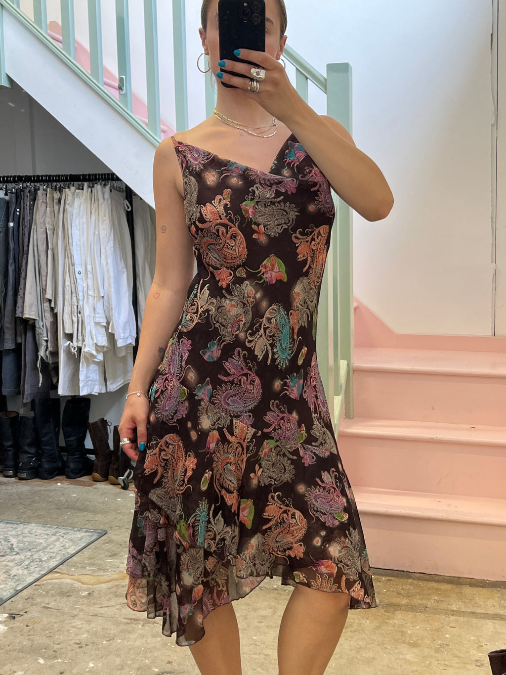 Brown paisley cowl neck asymmetrical slip dress