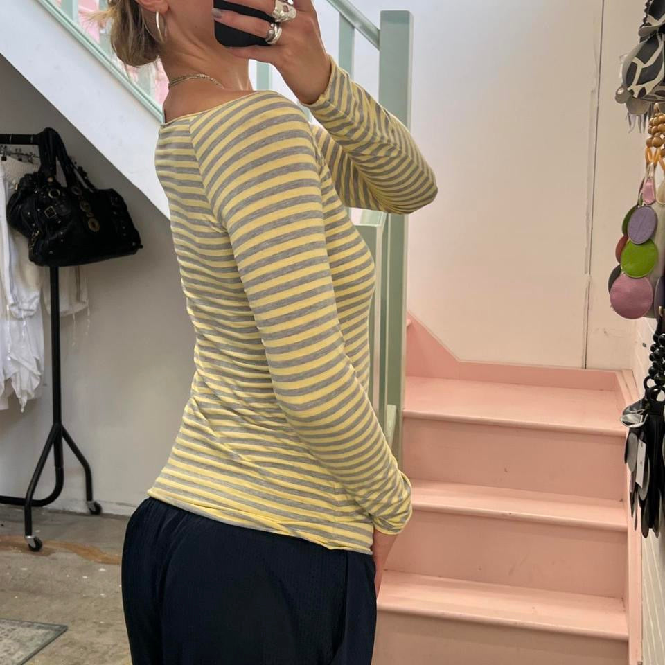 Yellow and grey striped fitted boat neck top