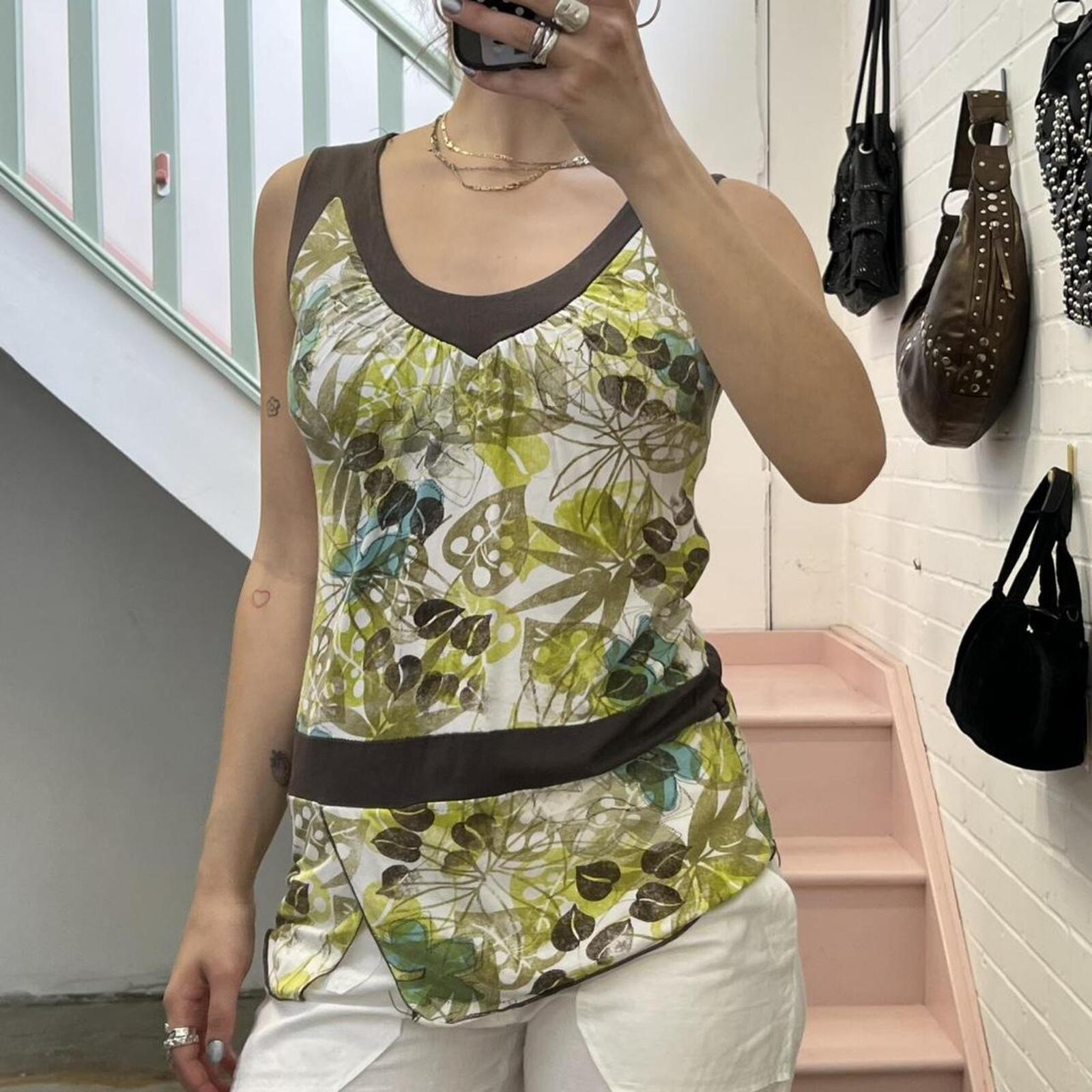 green brown and white graphic print vintage vest top with drop waistband