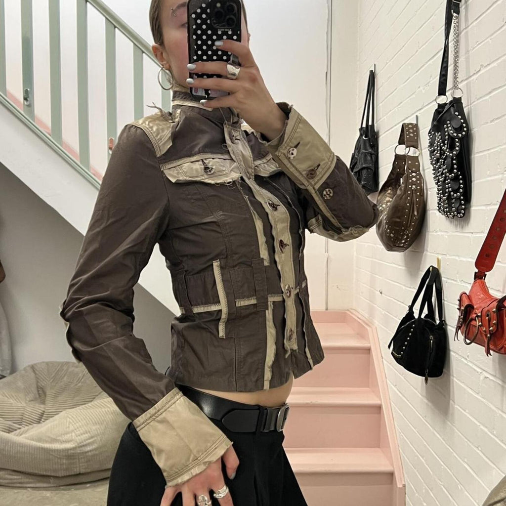 Guess brown and cream utility style button up vintage distressed archival lightweight jacket