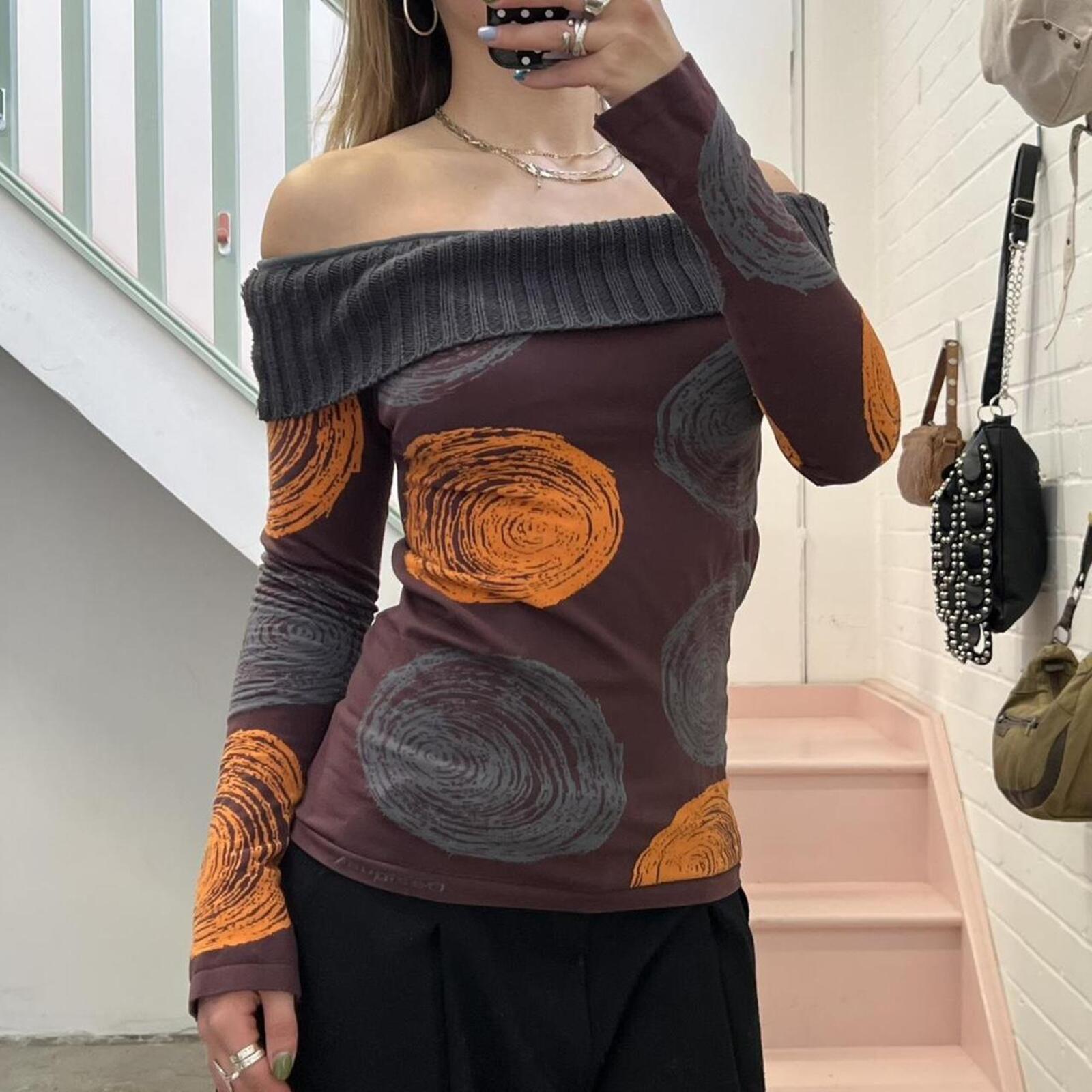 Desigual purple orange and grey off shoulder polka dot printed fitted vintage top