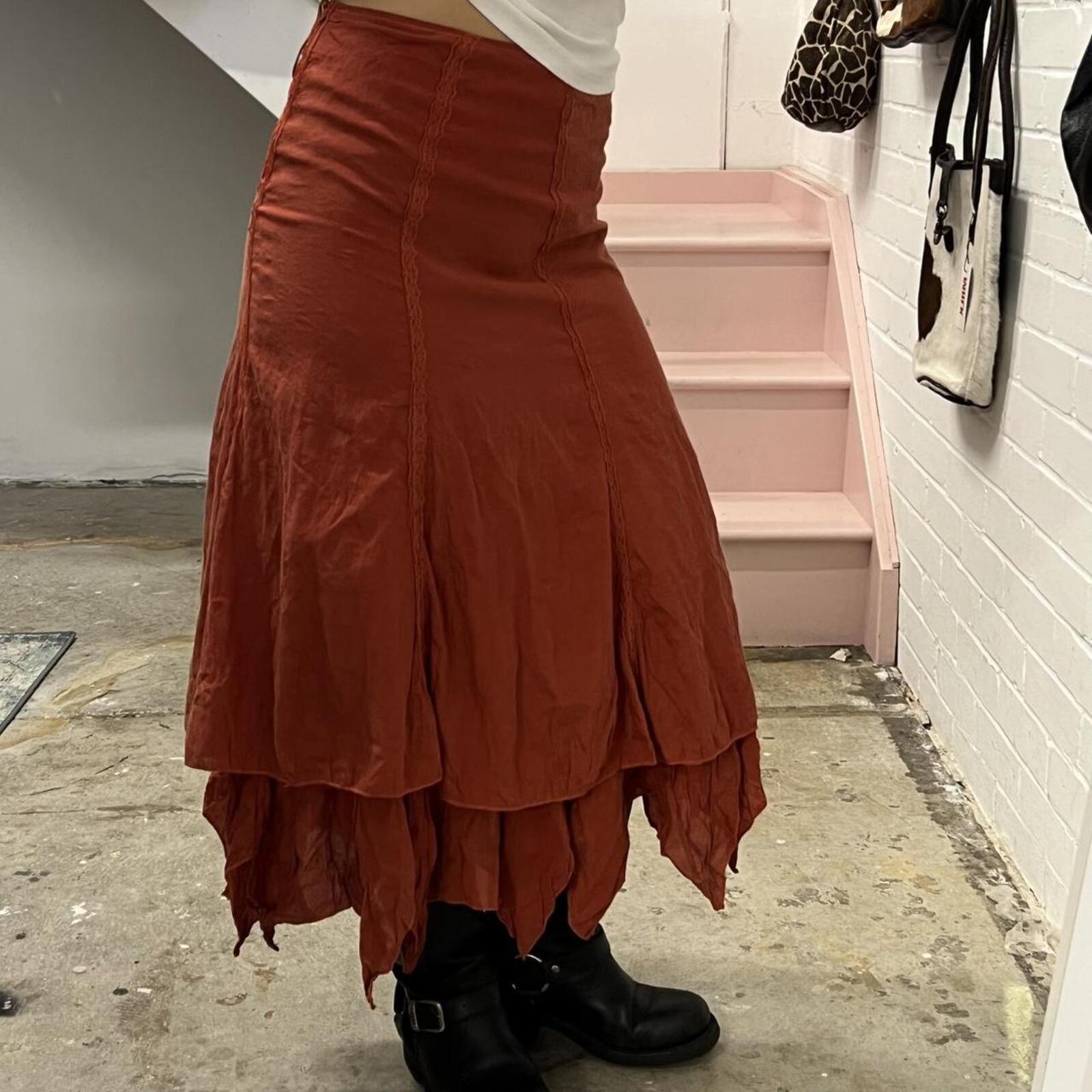 Burnt orange layered vintage asymmetrical fairycore maxi skirt