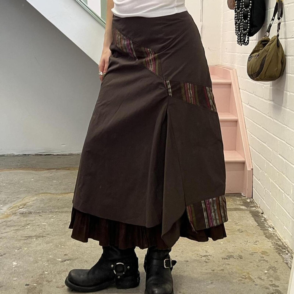 Promod brown layered cargo vintage maxi skirt with stripe patchwork detail