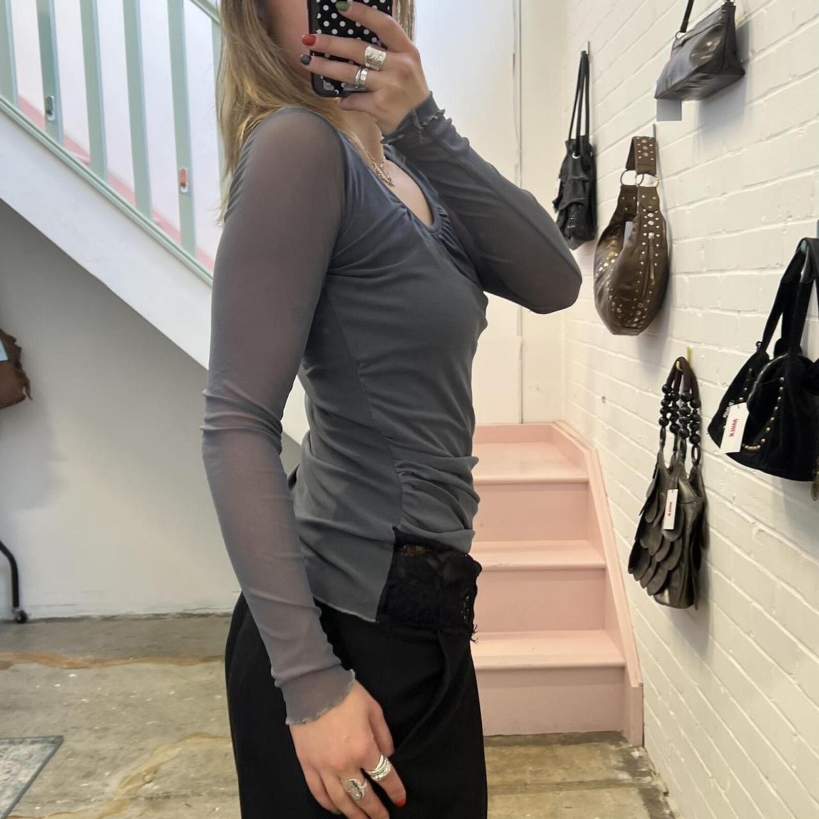 Grey mesh long sleeve ruched fitted top with black lace under layer