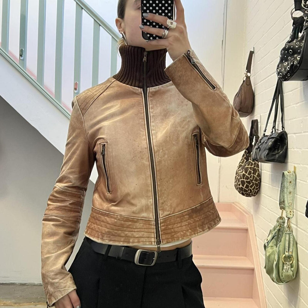 light brown washed leather zip up vintage jacket