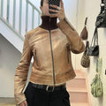 light brown washed leather zip up vintage jacket