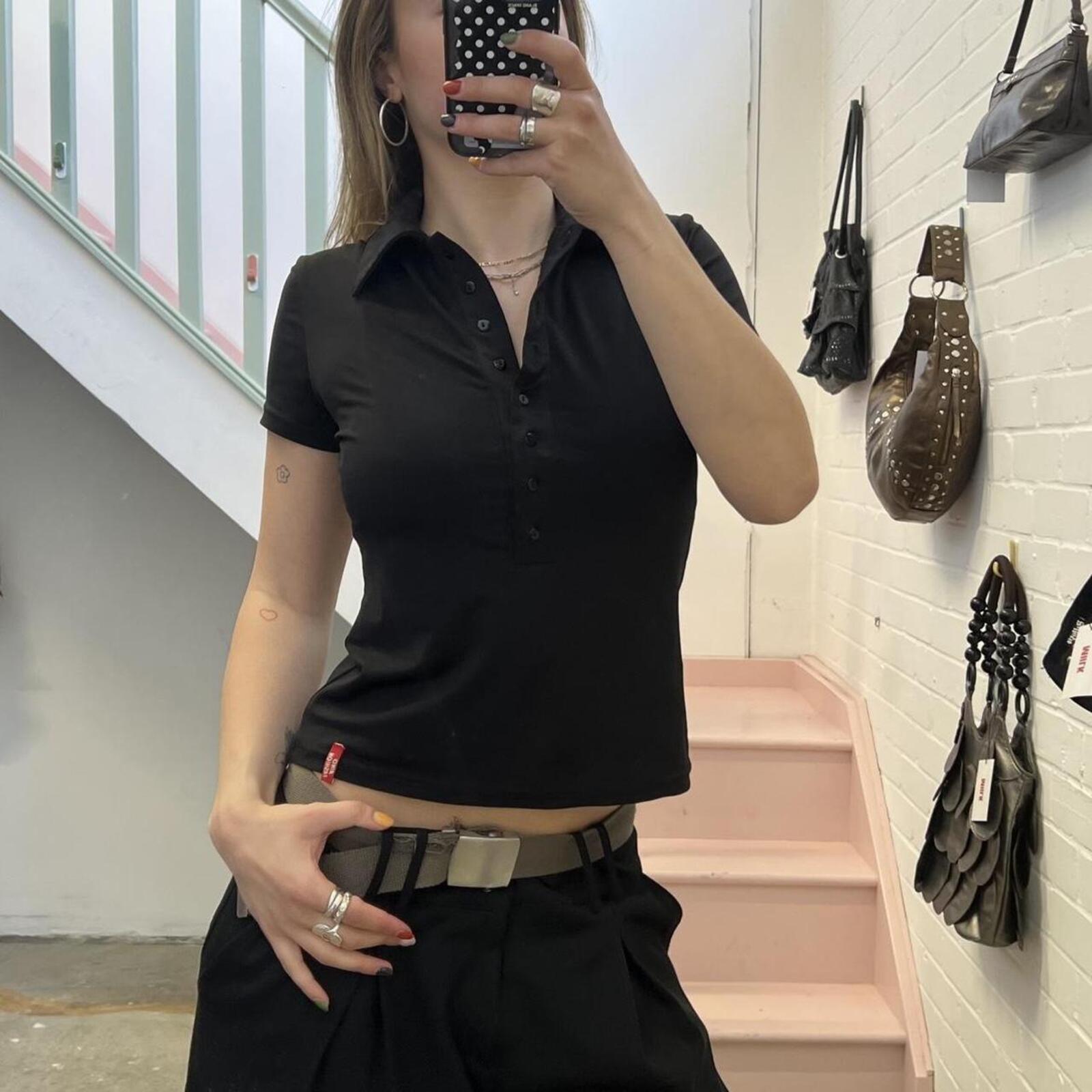 Black fitted button up ruched vintage polo shirt