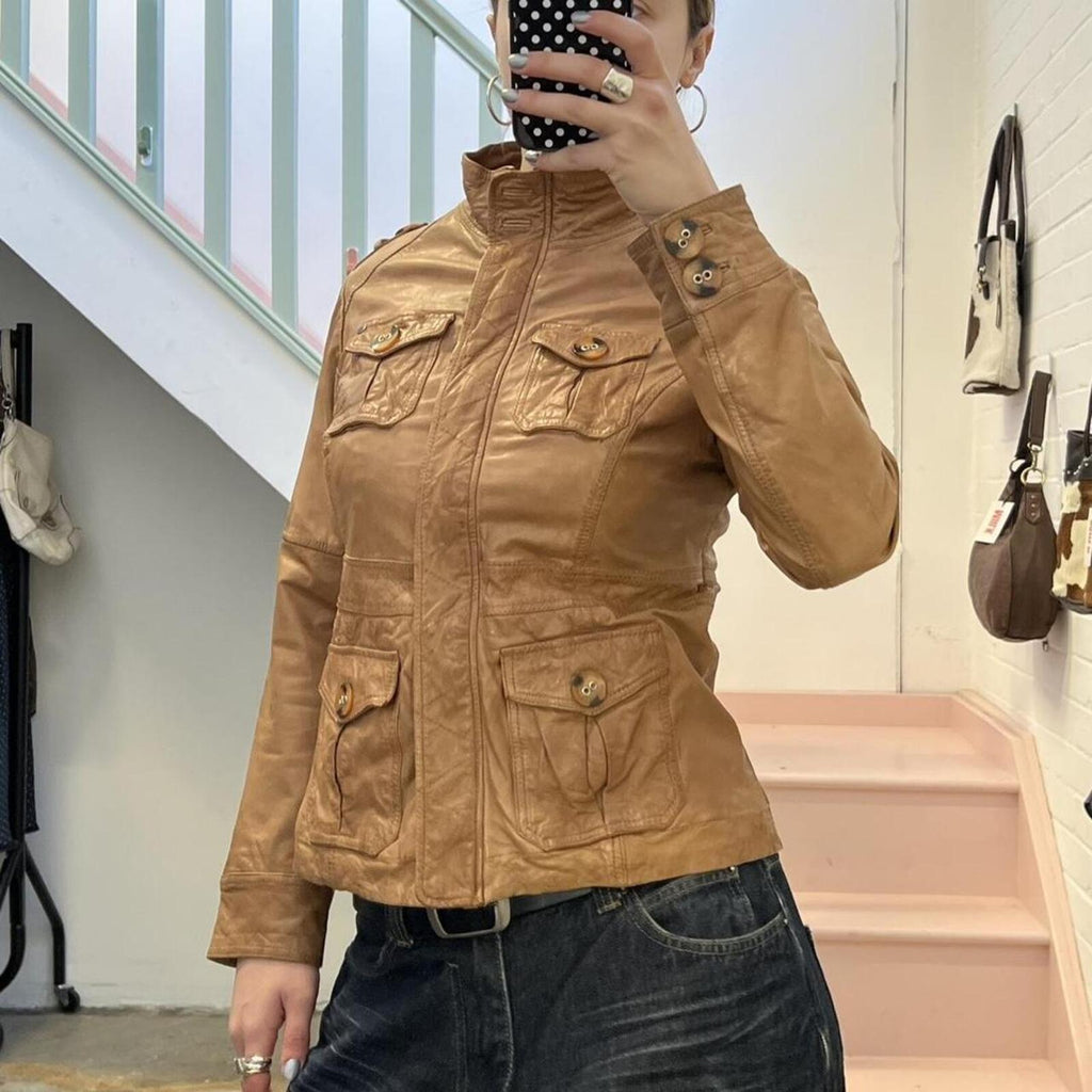 brown tan real leather fitted vintage utility style high neck jacket