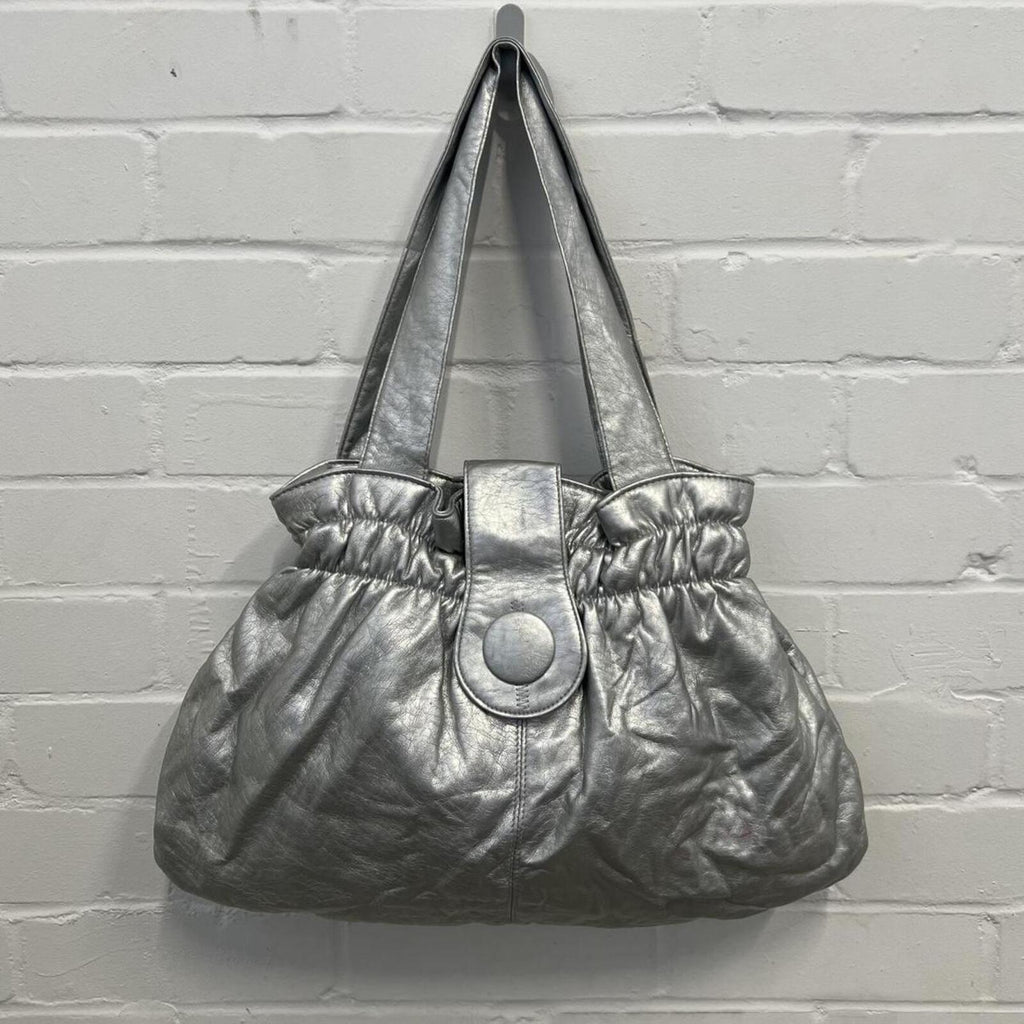 silver chrome metallic faux leather oversized handbag with chunky button detail